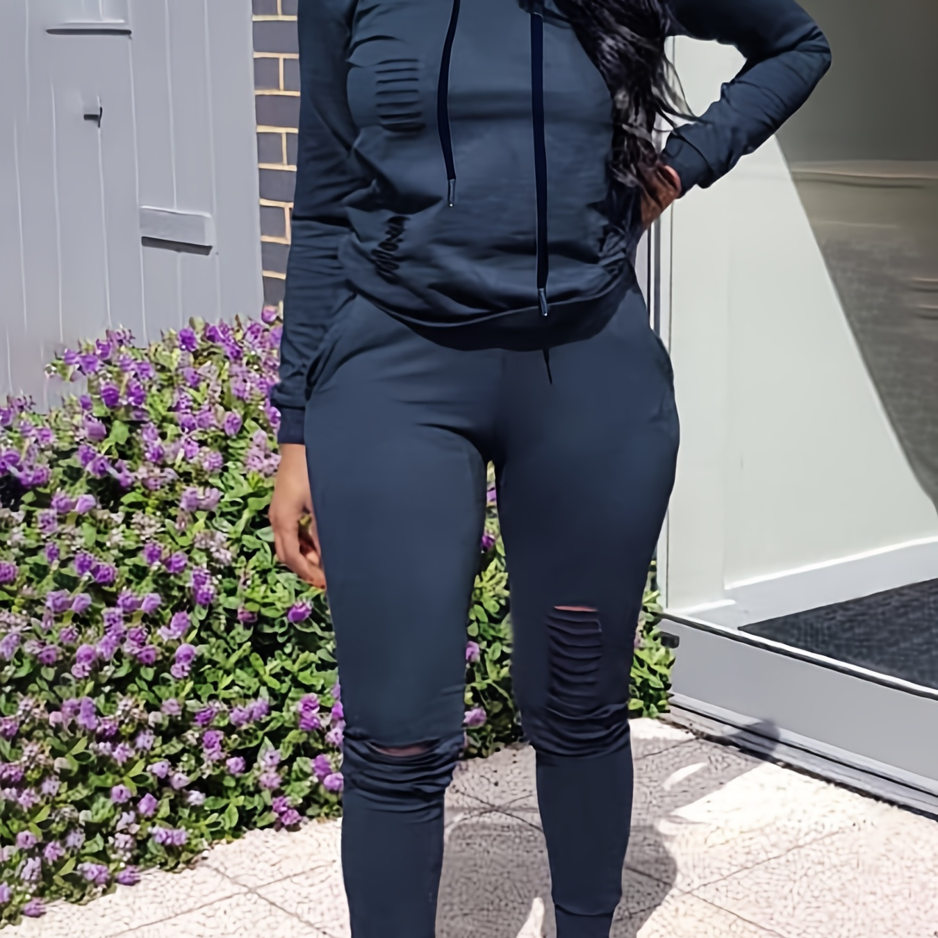 

Solid Ripped Two-piece Set, Casual Long Sleeve Hoodie & Skinny Pants Outfits, Women's Clothing
