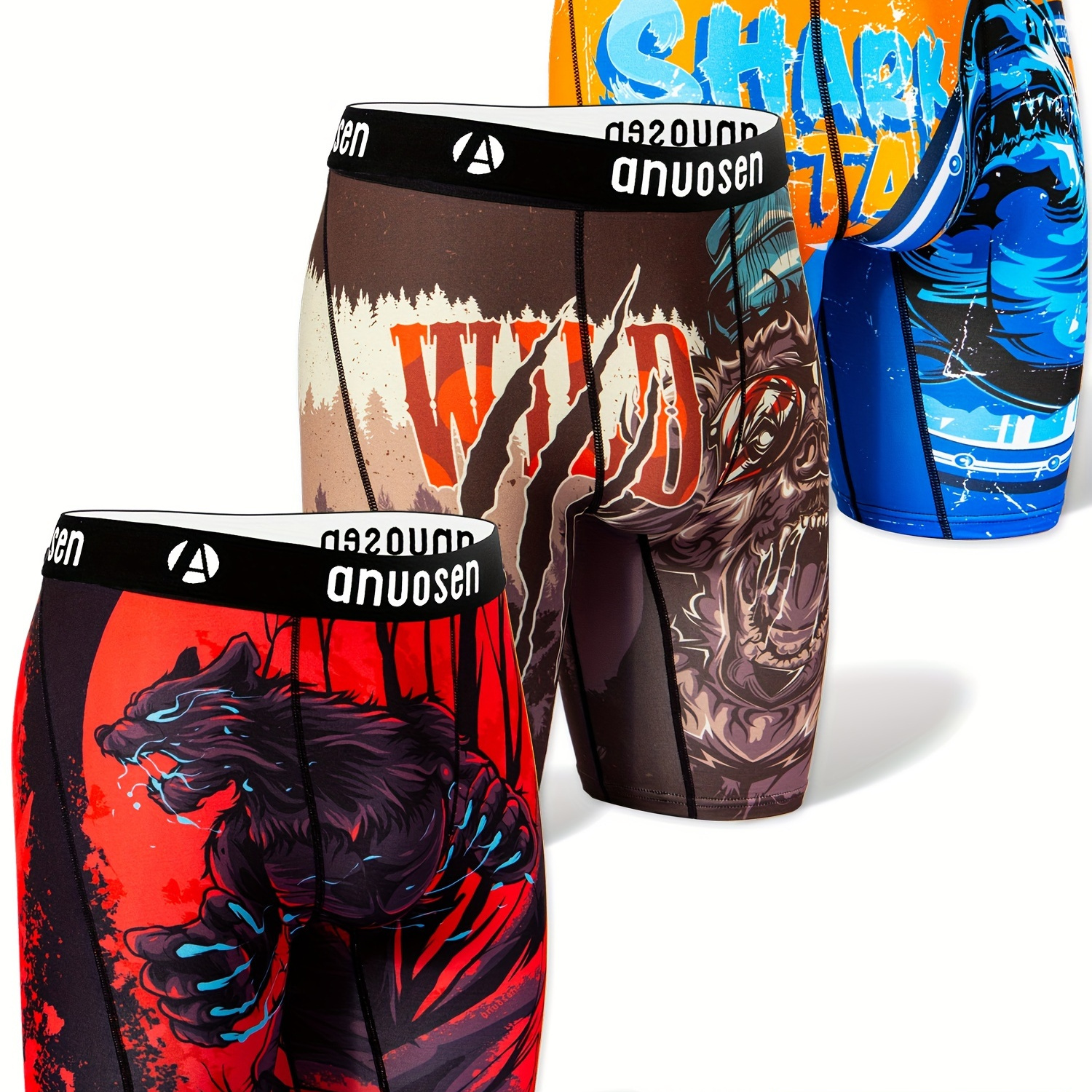 

3pcs Men's Athletic Boxer Briefs, Quick-dry Breathable Polyester & Spandex , Animal Print Running Shorts, Flat Angle Underwear With Shark, Werewolf, Brown Bear Designs - Ideal Valentine's Day Gift