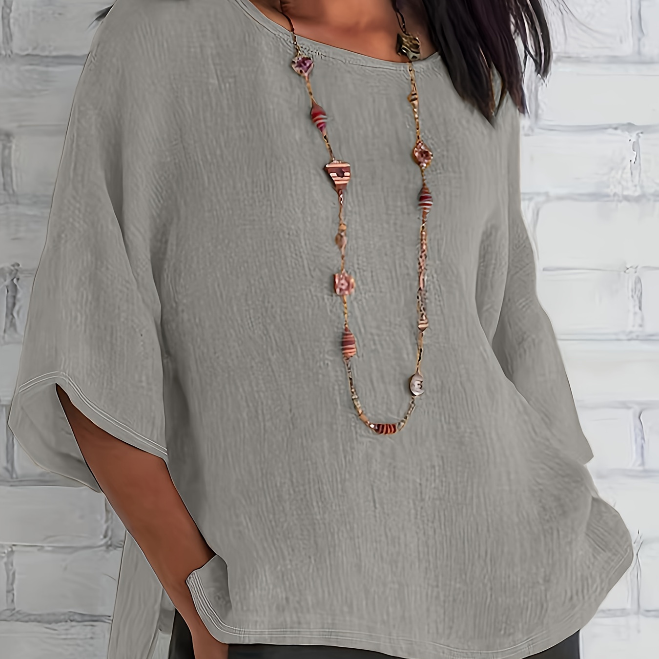 

Plus Size Simple Solid Top, Casual Crew Neck 3/4 Sleeve Top, Women's Plus Size clothing