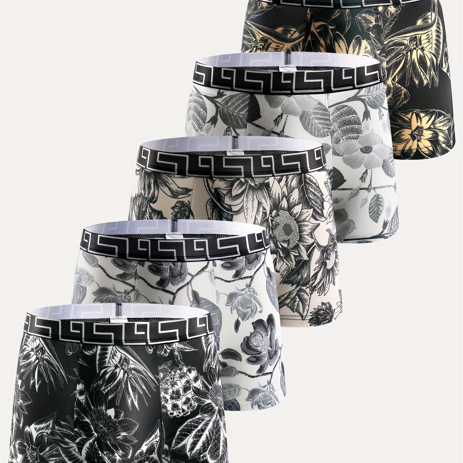 

5pcs Boxers ESSMO pour Hommes - Mélange de Polyester Confortable avec Élasthanne, Géométriques & Floraux, Respirants & Extensibles, Lavables en Machine - Cadeau Élégant pour le Ramadan du Moyen-