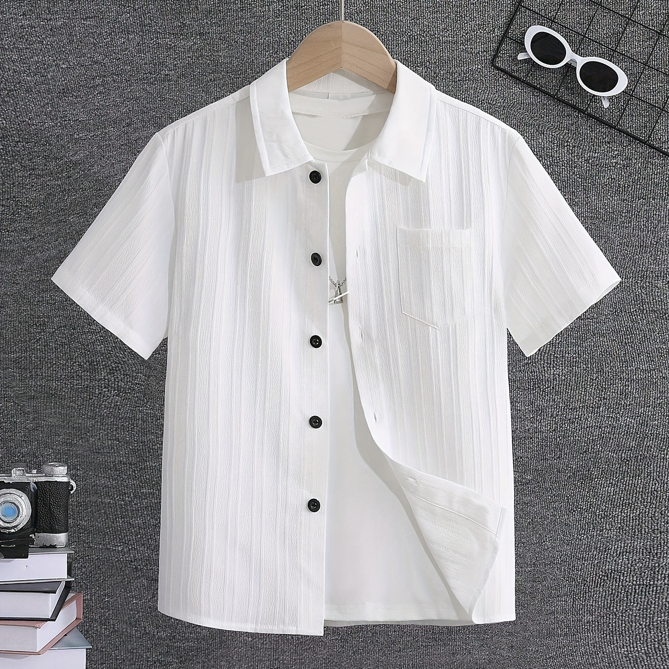 

Boys Summer Solid Color Lightweight Shirt, Casual Short Sleeve Lapel Shirt Tops, Boys Clothes For Summer Outdoor