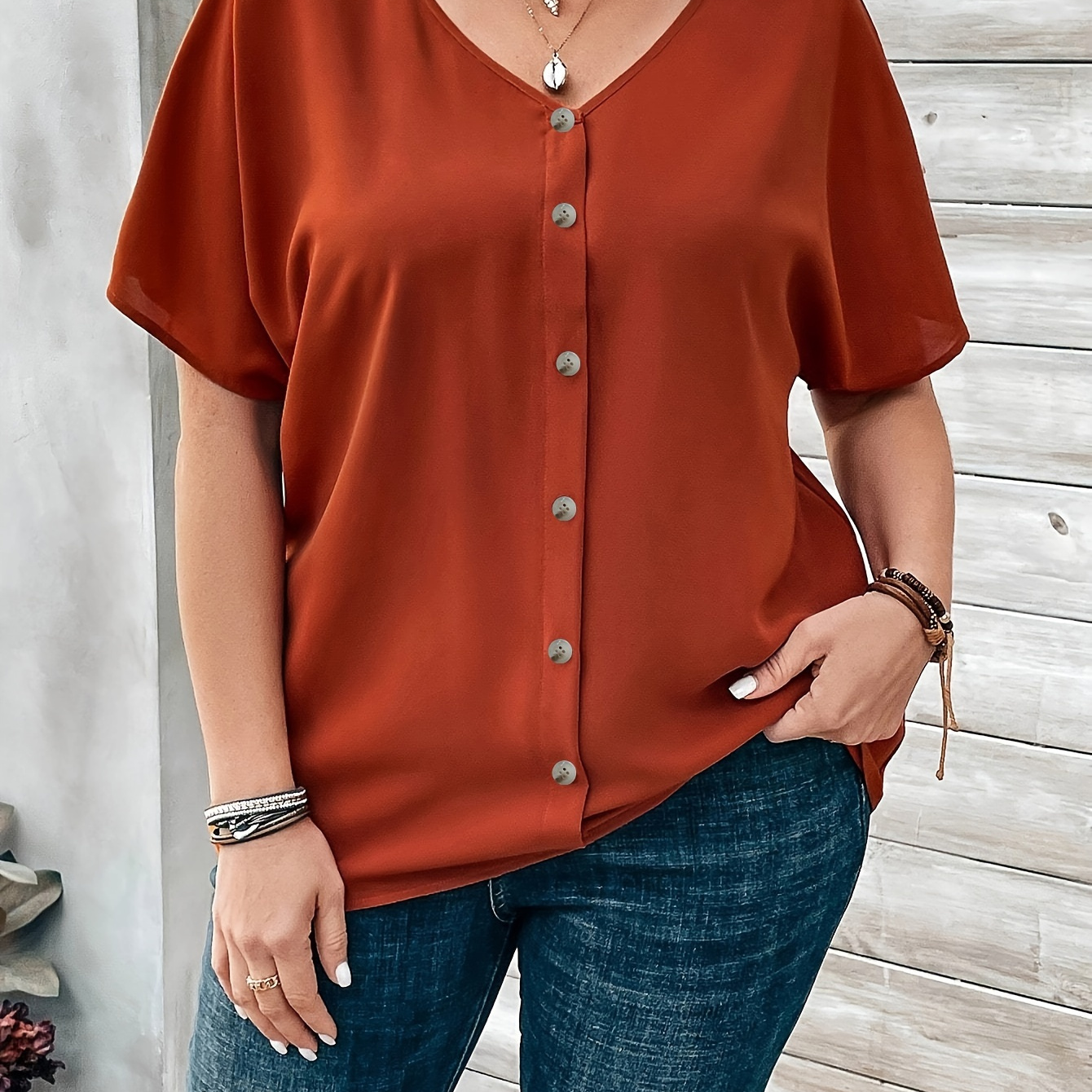 

Plus Size Button Front Blouse, Casual V Neck Short Sleeve Blouse For Spring, Women's Plus Size clothing
