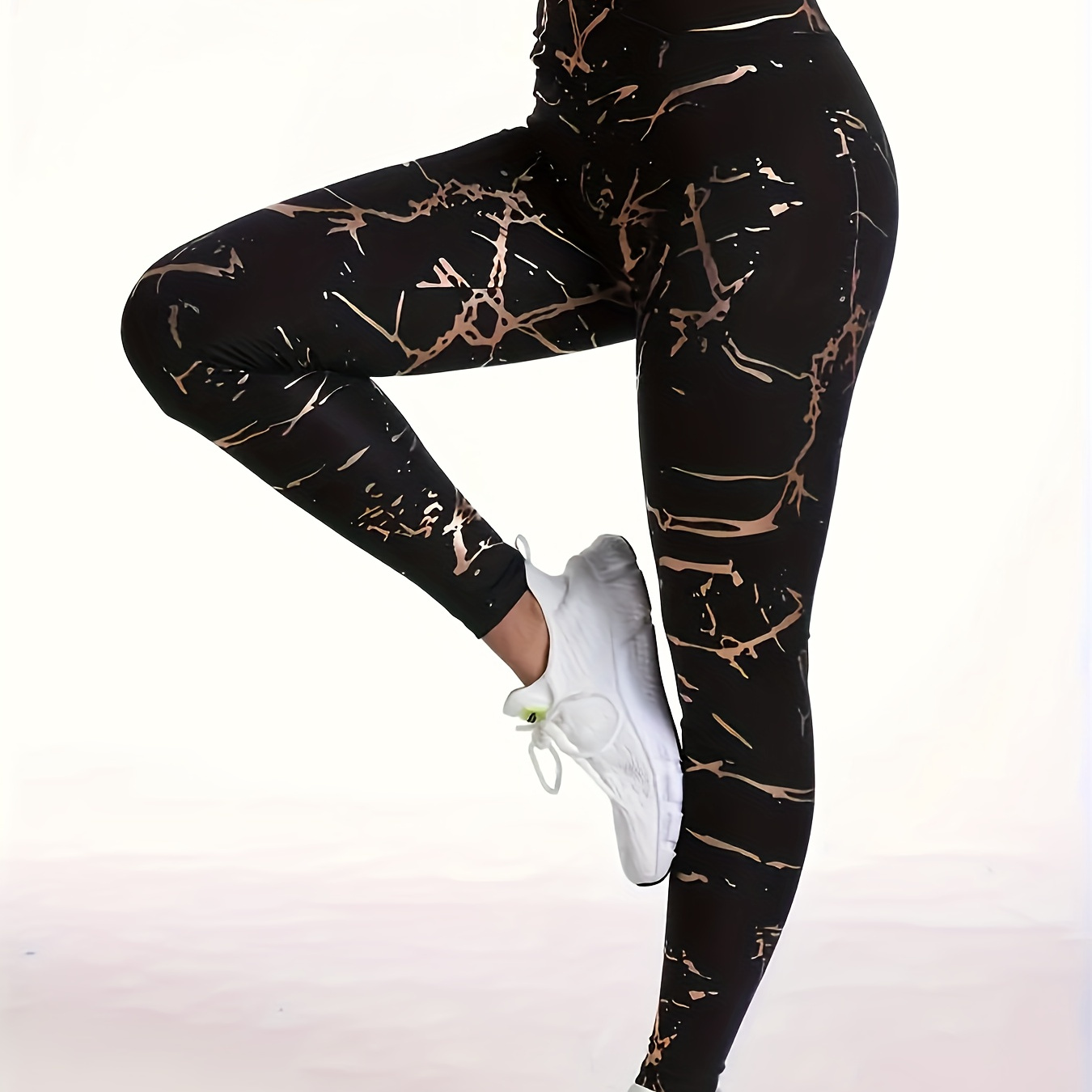 

[sporty Design] Women's High-waist Fashion Leggings With Unique Abstract Print - Stretchy & Comfortable, Polyester/elastane Blend, -strap Detail, All