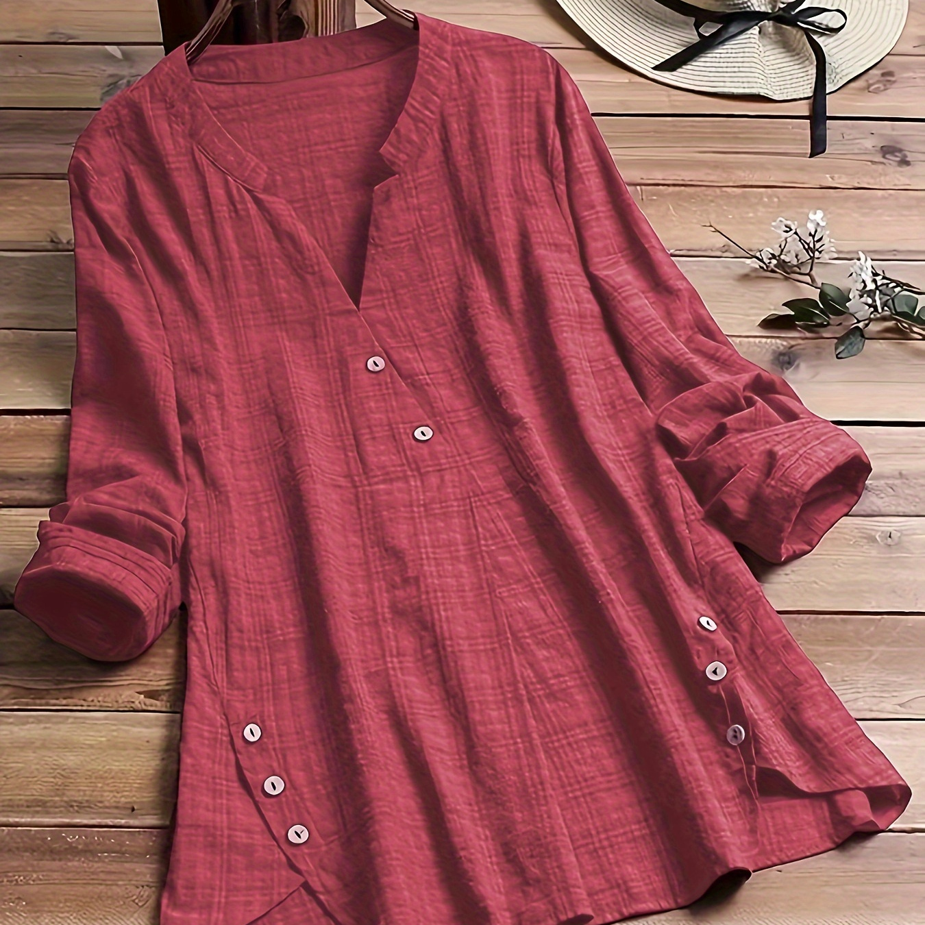 

Solid Color Button Front V-neck Blouse, Casual Long Sleeve Blouse For Spring & Fall, Women's Clothing