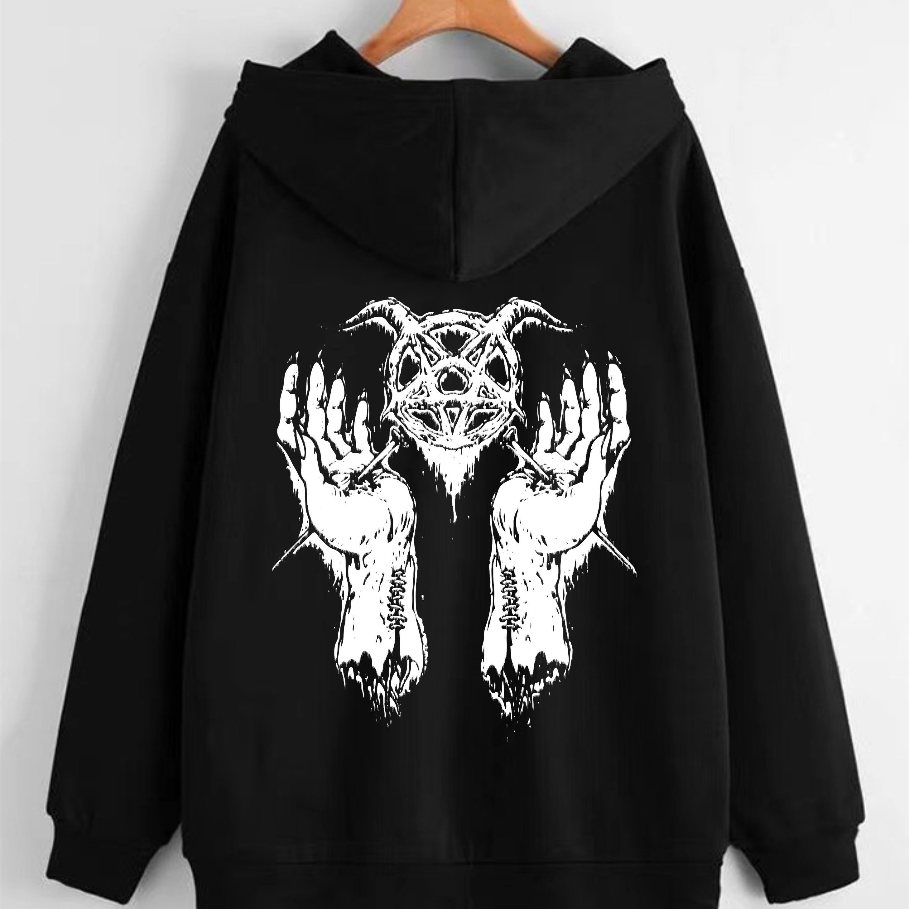 Halloween Sweatshirt, Plus Size Gothic Style Men's Heart/Hands/Wings Hooded Sweatshirt, Men's Clothing