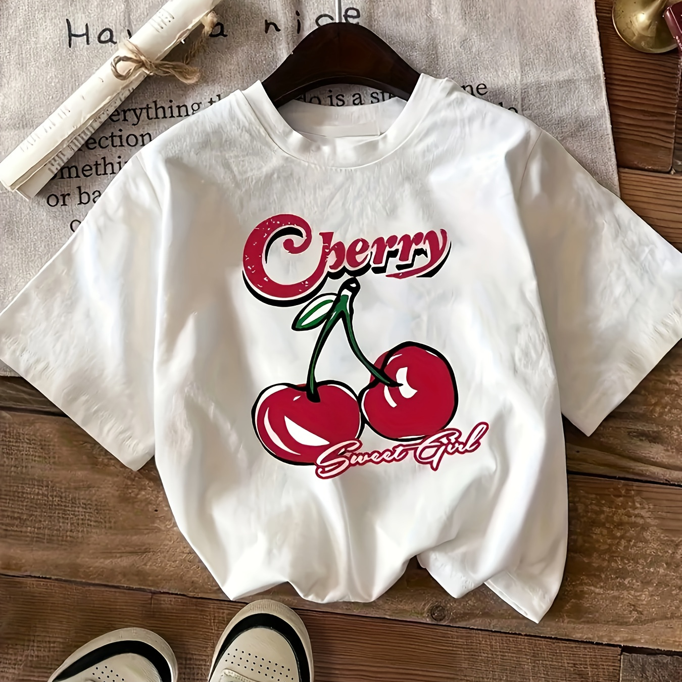 

Cherry Graphic Print Crop T-shirt, Crew Neck Short Sleeve Casual Top For Summer & Spring, Women's Clothing