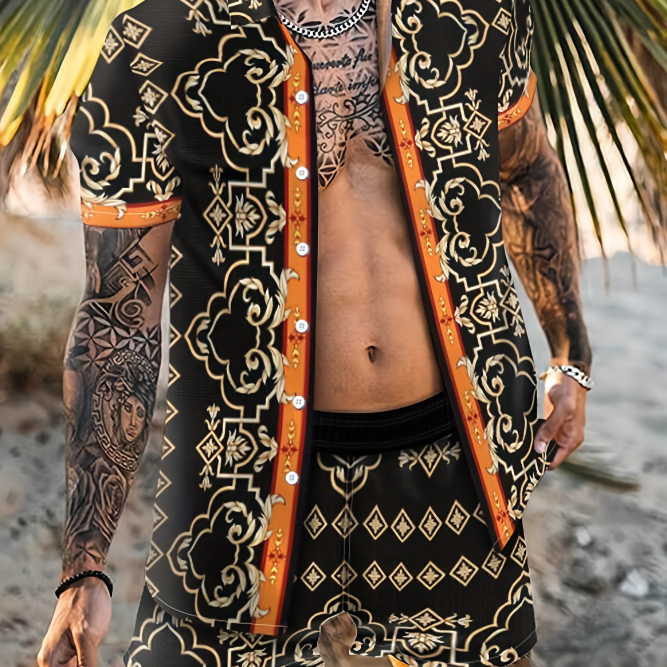 

2-piece Men's Bohemian Style Digital Print Outfit Set, Men's Short Sleeve Lapel Shirt & Shorts For Summer Beach