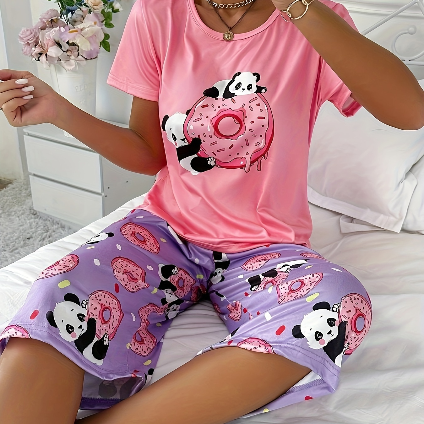 

Women's Summer Pajama Set, Casual Cartoon Patterned Crew Neck Short Sleeve Top With Capri Pants, Knit Polyester 95% Elastane 5%, Loose Size Sleepwear, Lightweight 130g/m² Fabric, Adult - & Design