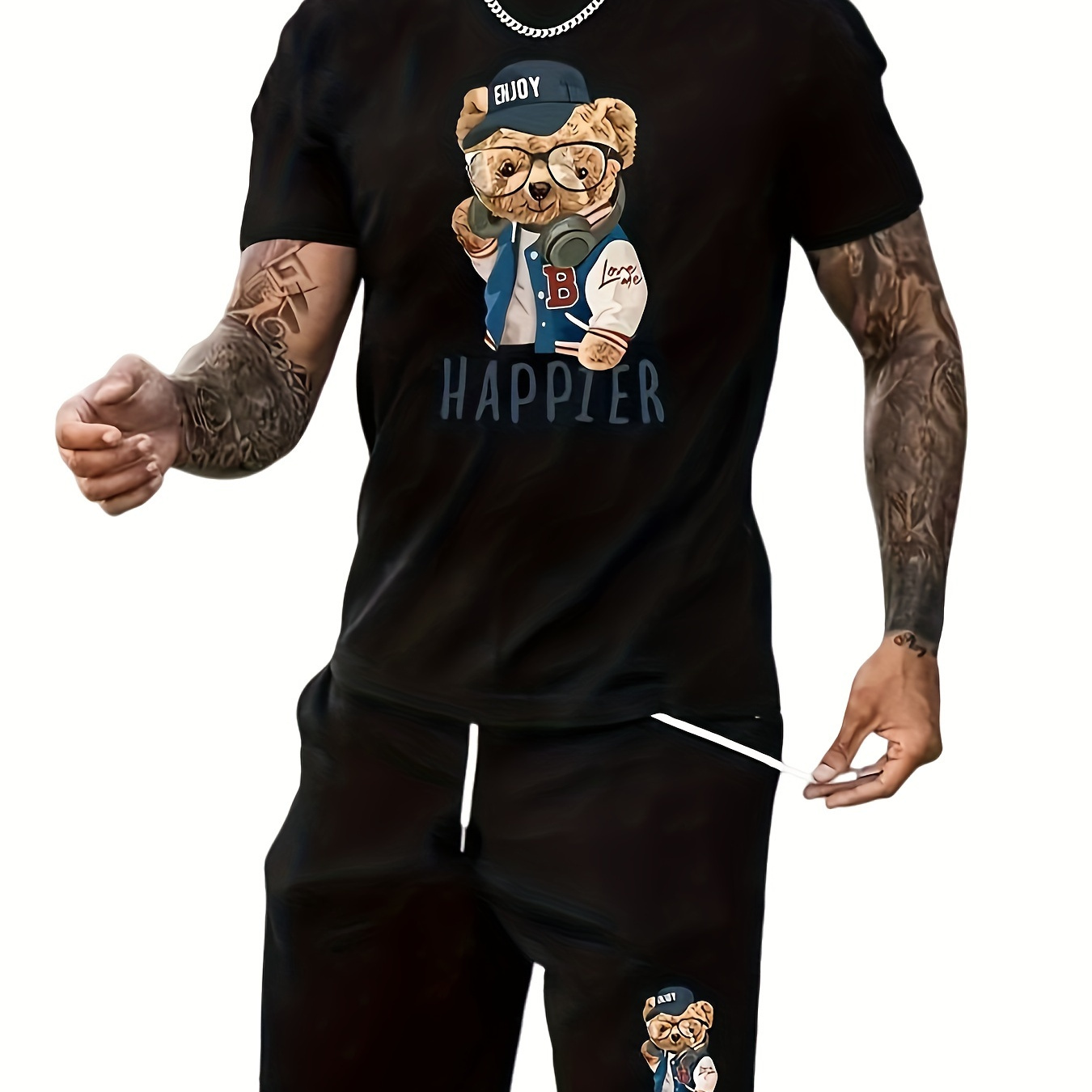 

Men's Comfortable T -shirt & Short With Pocket Home Wear - Bear Print Pj Set Perfect For Leisure At Home! Summer Fashion Suit Shorts