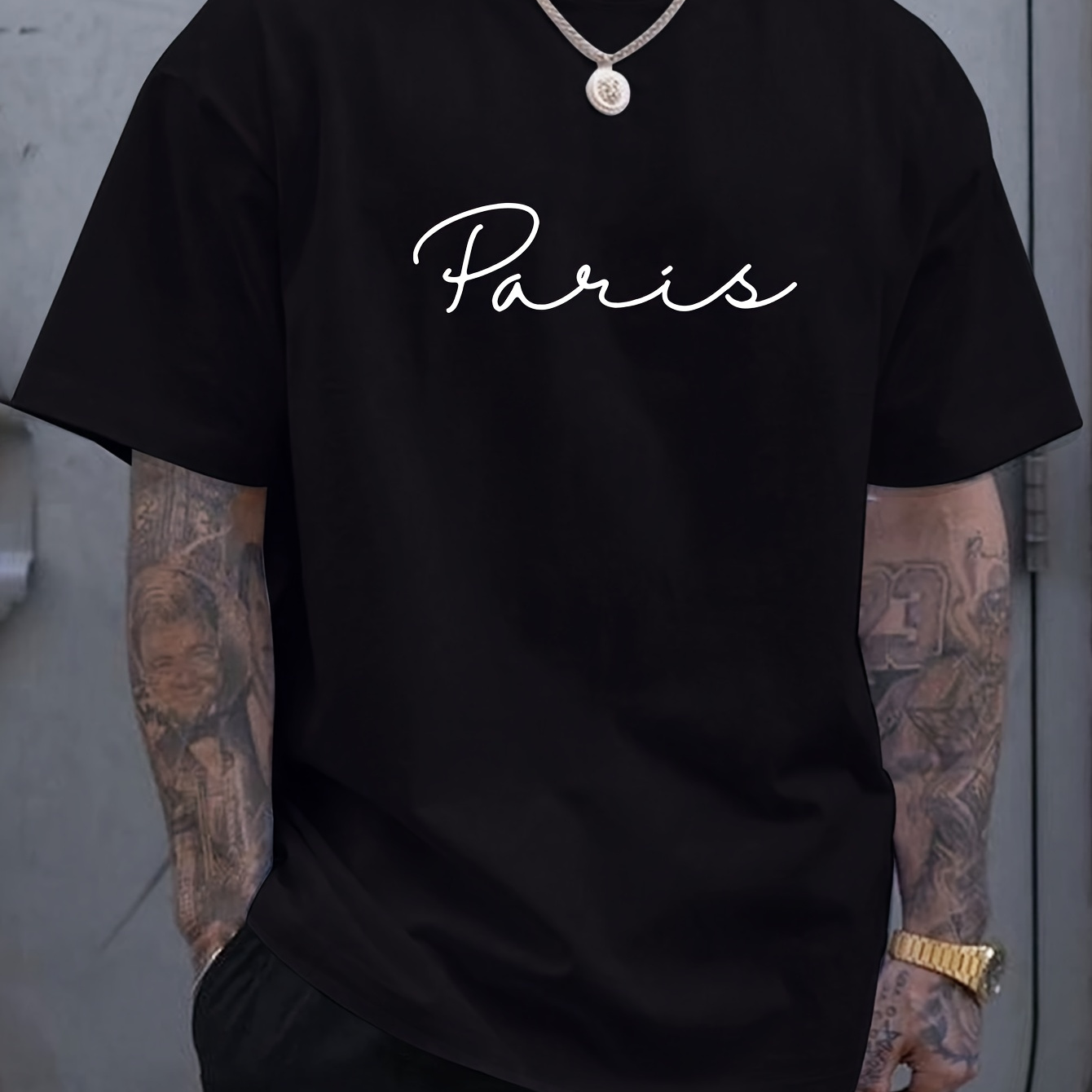 

Paris Letter Print Men's Round Crew Neck Short Sleeve Tee, Fashion T-shirt, Comfy Breathable Casual Sports Top For Spring Summer Holiday Leisure Vacation