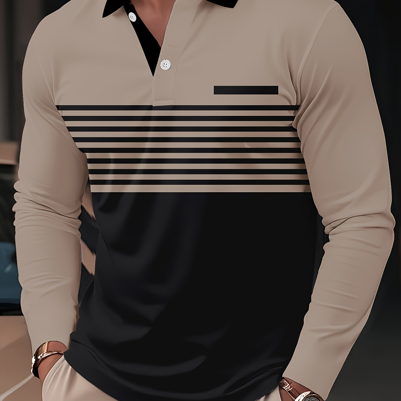 

Men's Casual Long-sleeved Striped Shirts With Collar And Button - 100% Polyester Slightly Stretch Knitted Fabric, Suitable For Fall/winter.