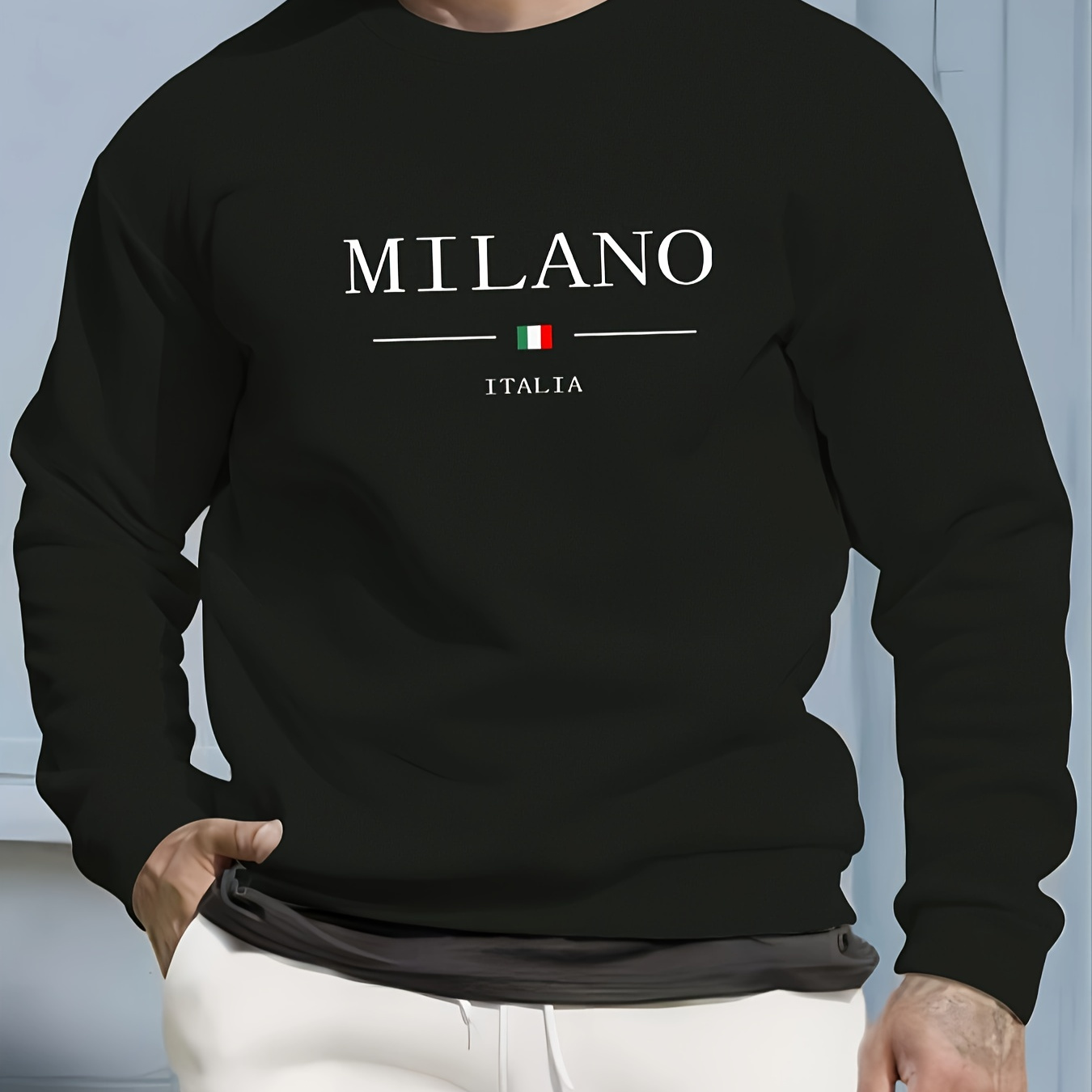 

Milano Italia Print, Men's Casual Pullover Sweatshirt, Fashion Long Sleeve Round Neck Comfy Sweatshirt For Outdoor And Daily Wear