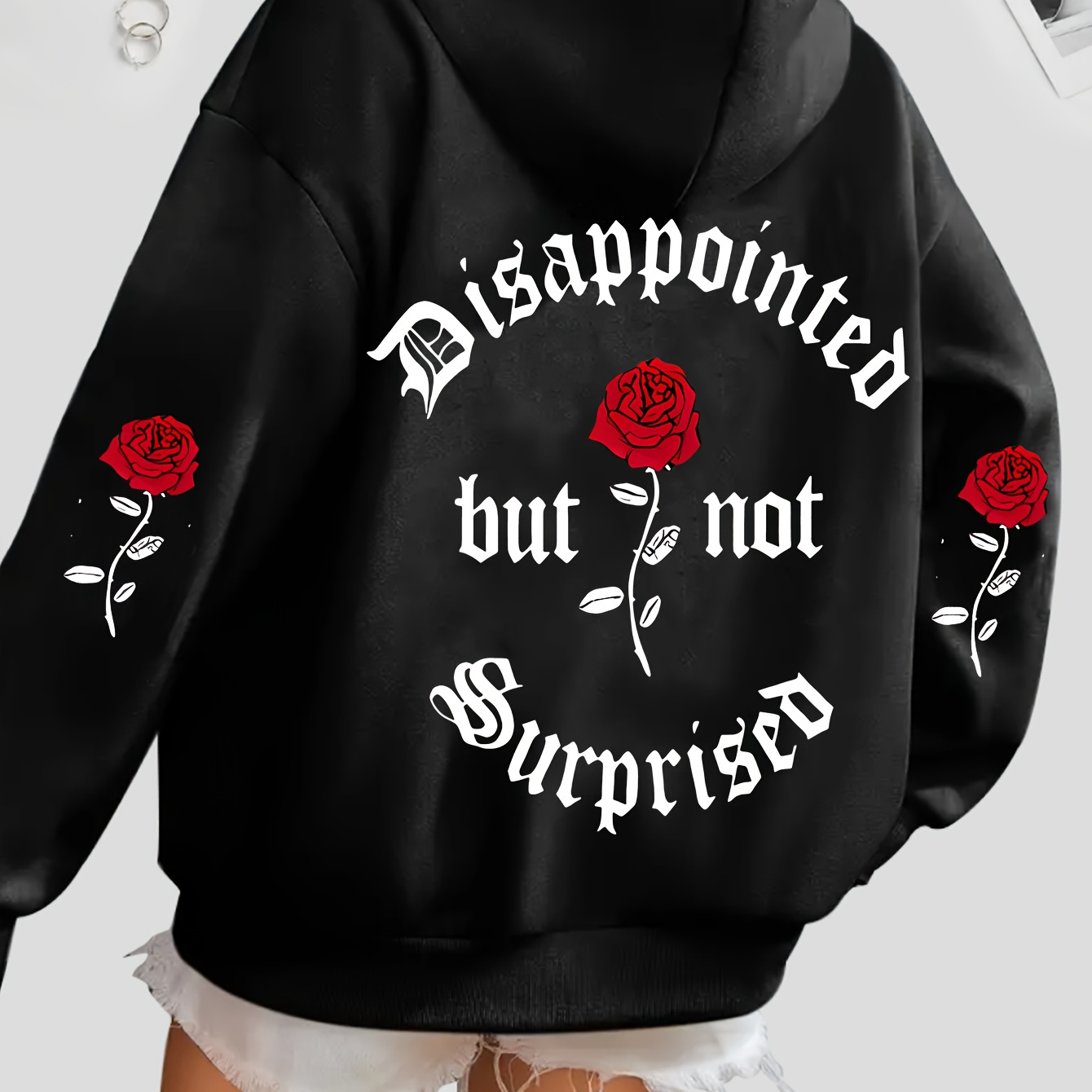 

Women's Casual Polyester Hoodie With Front Pocket - Fall/winter Season Long Sleeve Hooded Sweatshirt With Rose Graphics And "disappointed But Not Surprised" Lettering