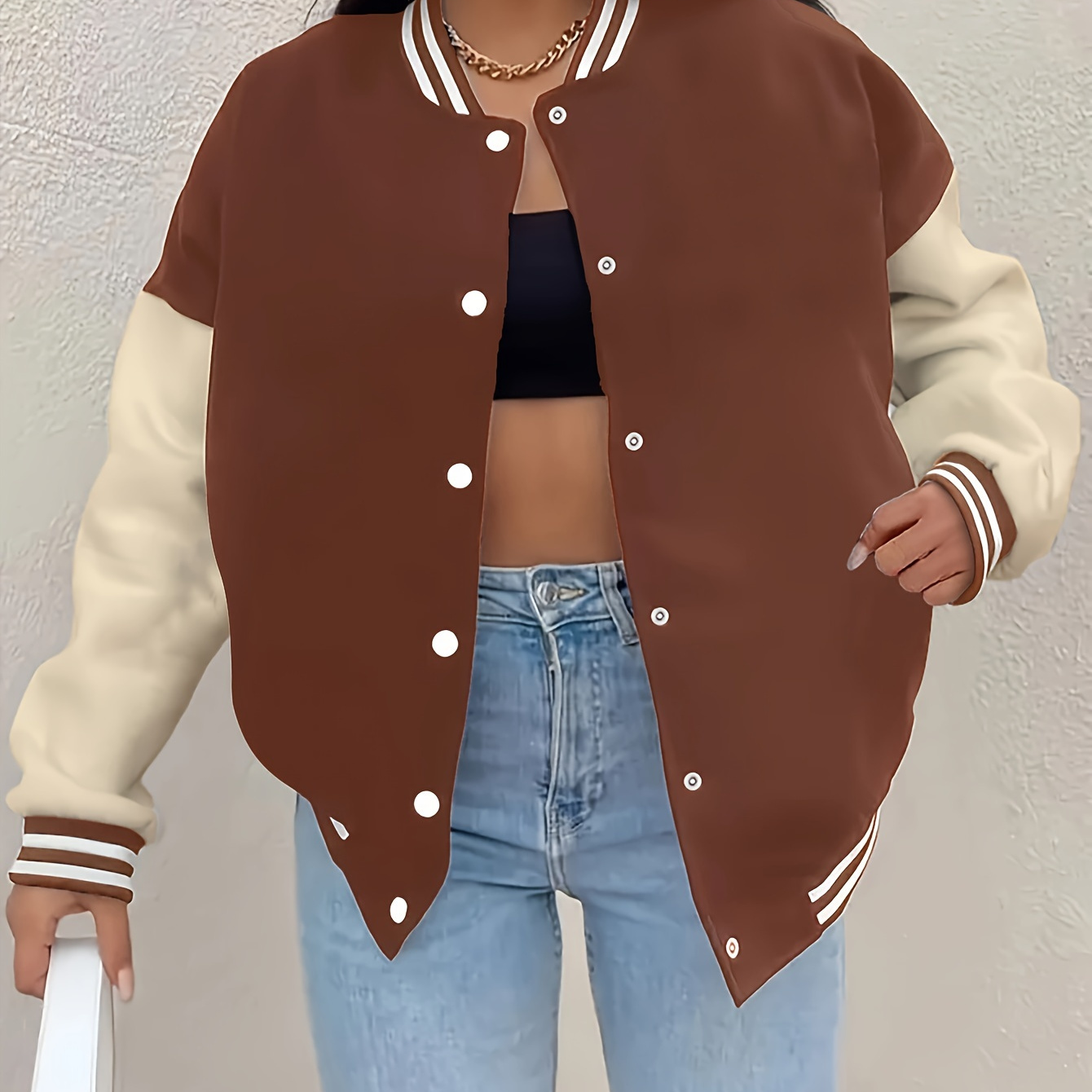 

Snap Button Jacket, Casual Long Sleeve Baseball Jacket For Spring & Fall, Women's Clothing