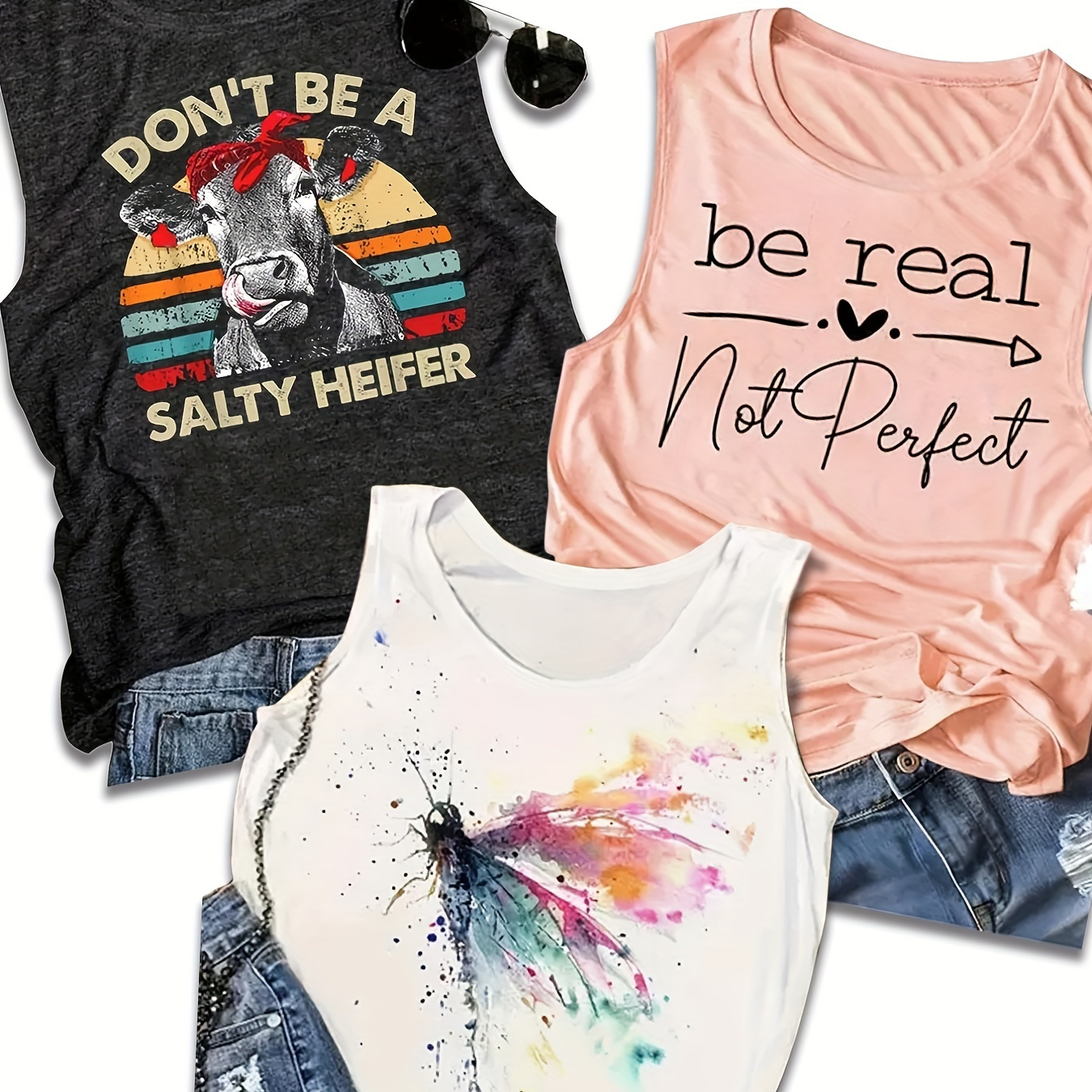 

3 Pack Graphic Print Crew Neck Tank Top, Casual Sleeveless Tank Top For Summer, Women's Clothing