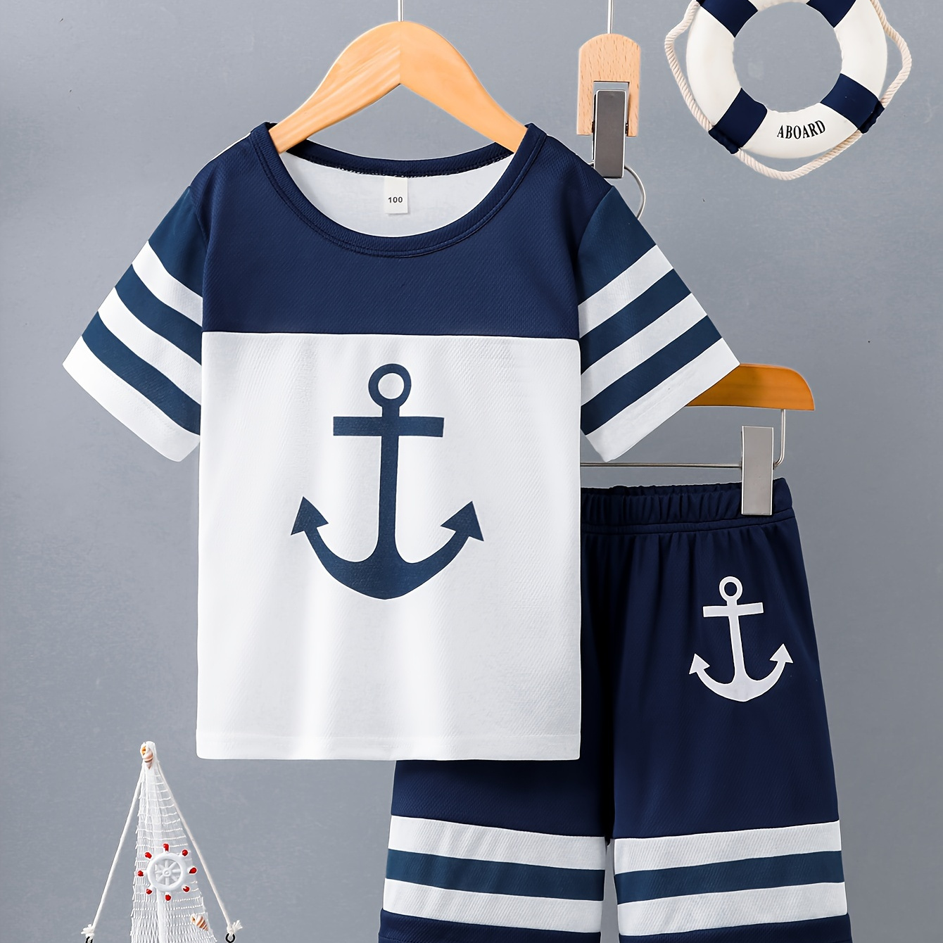 

2pcs Boys Anchor Print Versatile Short Sleeve T-shirt & Shorts Set, Cool, Lightweight And Comfy Summer Clothes