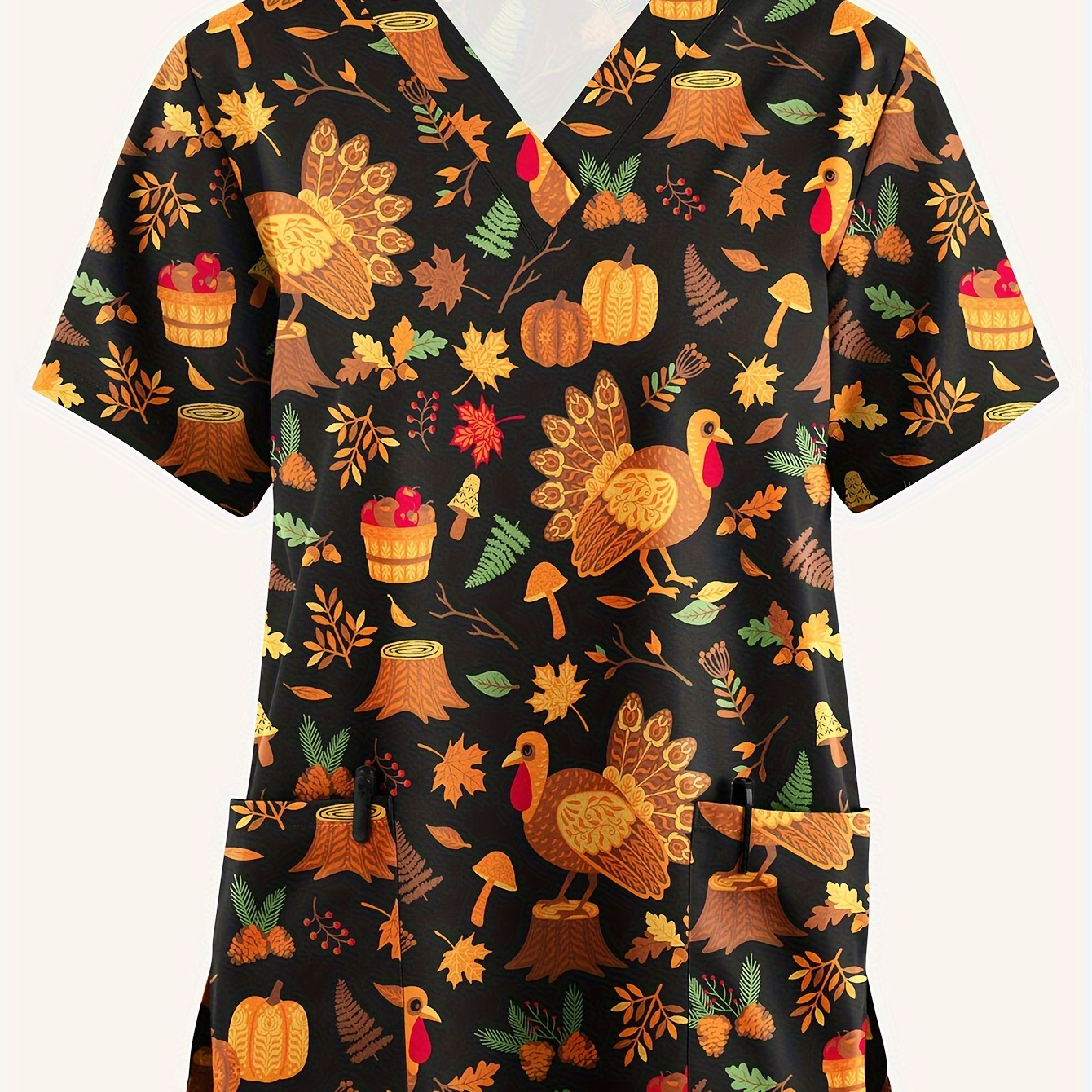 

Festive Fall Nurses' Scrub Top With Cartoon Turkeys And Autumn Leaves - V-neck, Short Sleeves, And Pockets - Polyester Blend