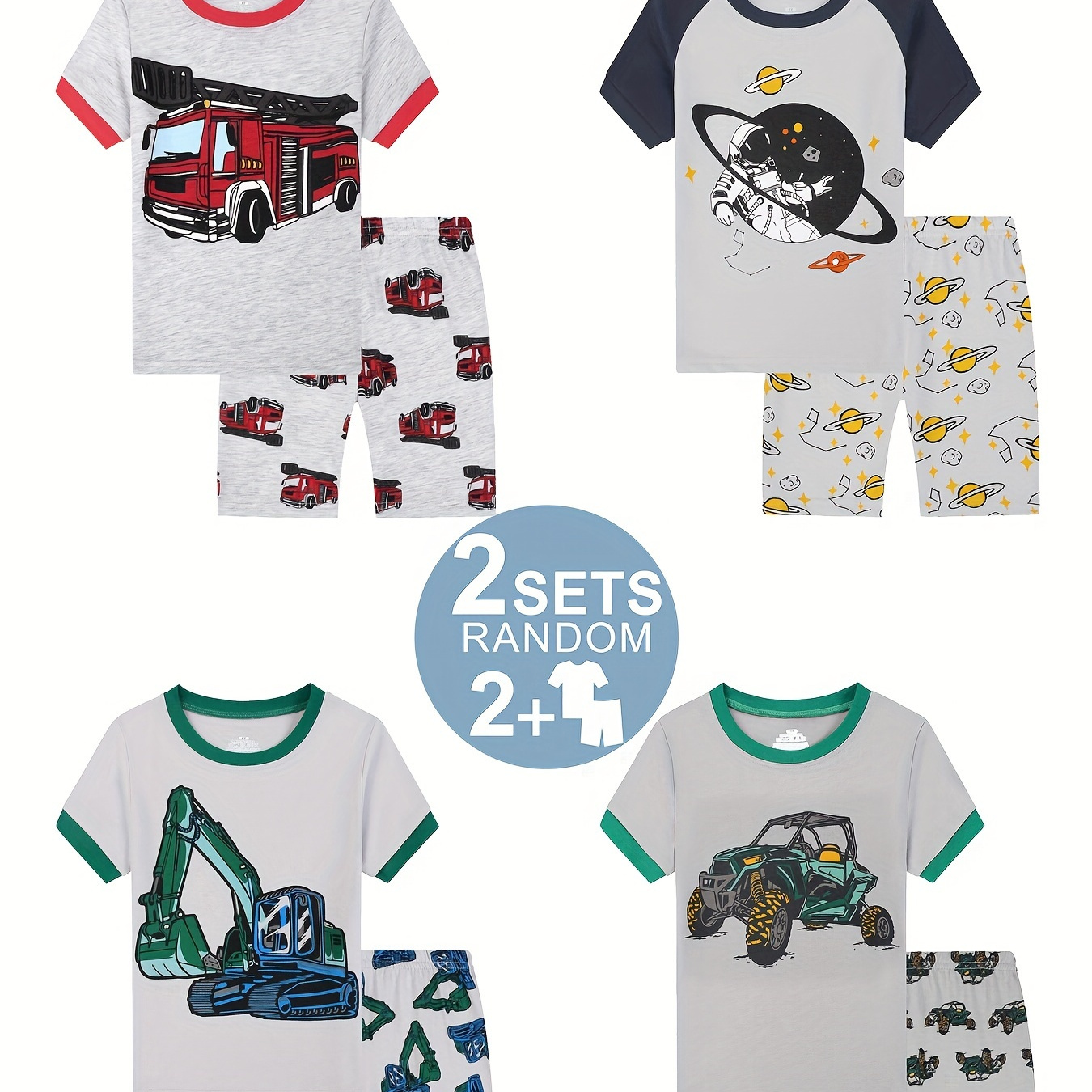 

Random 4 Pcs 2 Sets Boy's Engineering Vehicles, Fire Trucks, Excavators, Off-road Vehicles, Exploring Space Print Short Sleeve T-shirts & Shorts, Comfy & Skin-friendly Set, As Daily Gift, 2y-9y