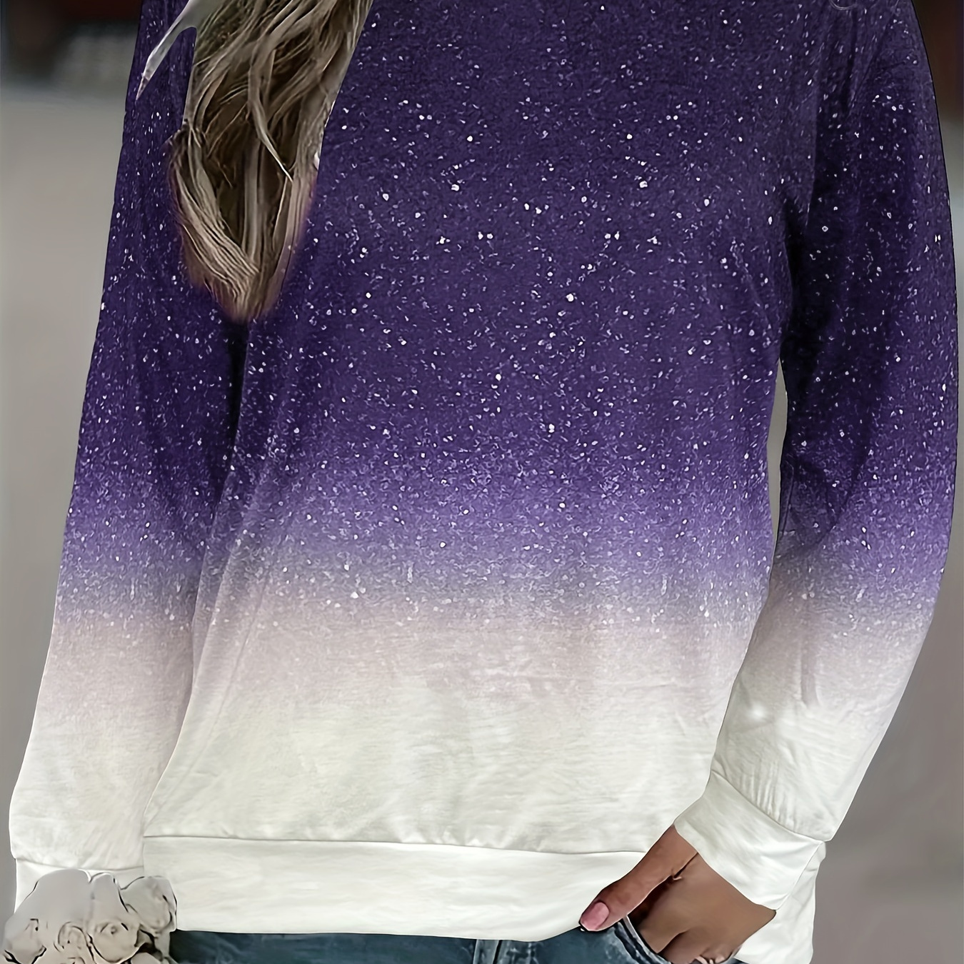 

Plus Size Casual Sweatshirt, Women's Plus Glitter Ombre Print Long Sleeve Round Neck Medium Stretch Pullover Top