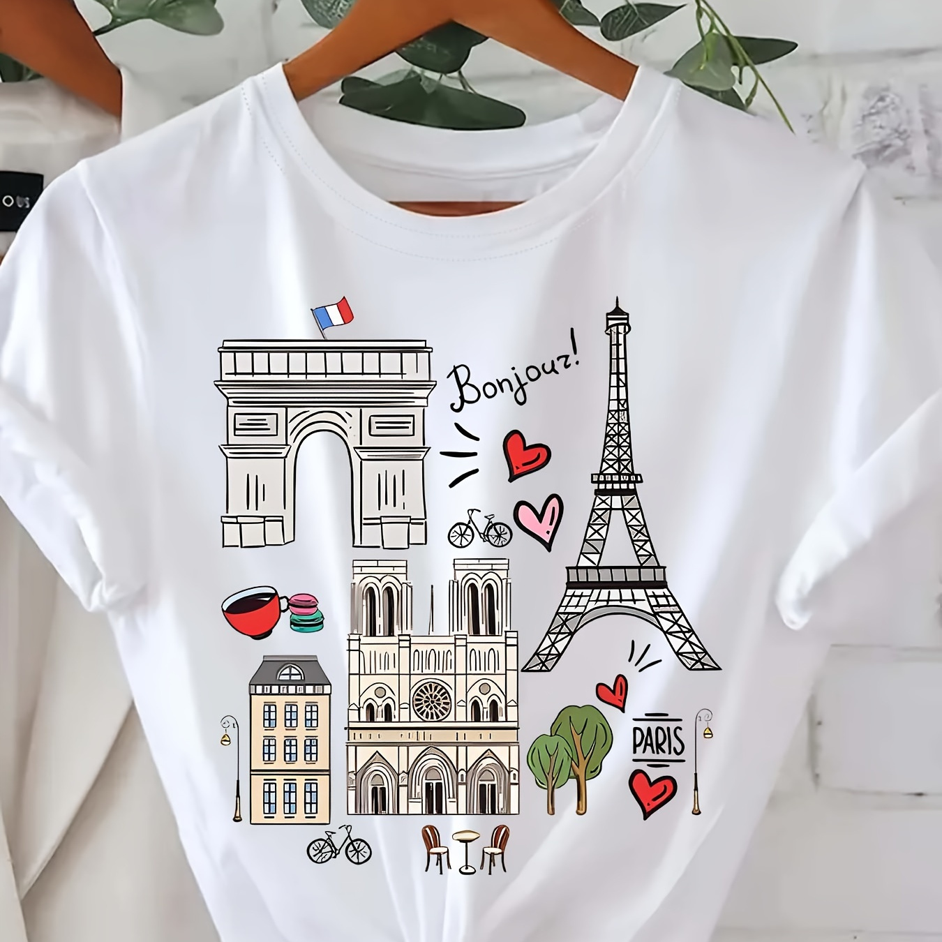 

Eiffel Tower Print T-shirt, Short Sleeve Crew Neck Casual Top For Summer & Spring, Women's Clothing