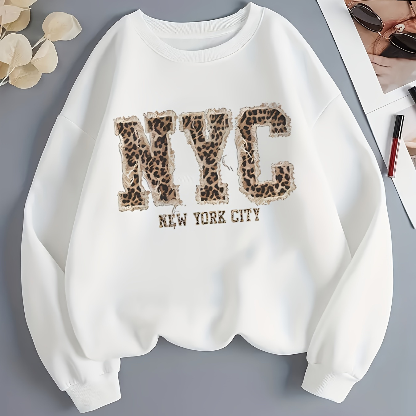 

Nyc Leopard Print Sweatshirt For Women - Casual Polyester Hoodie With Christmas Pattern, Round Neck,