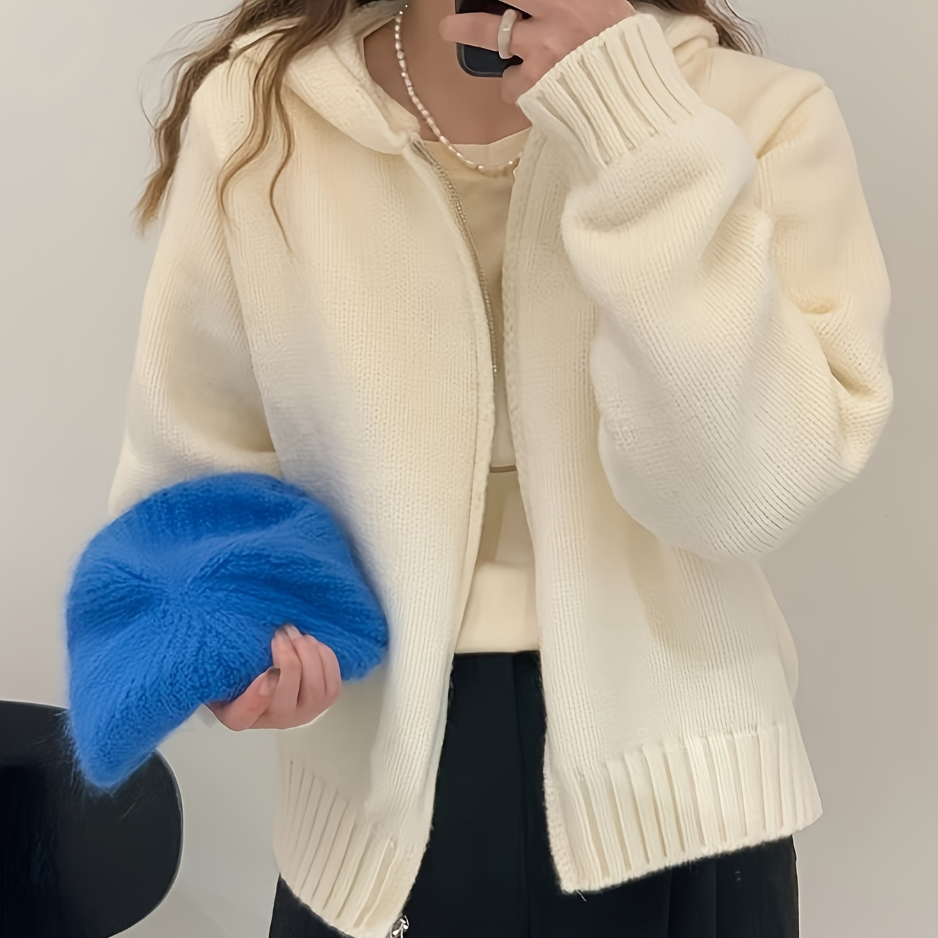 

Cardigan Tricoté à Capuche Chic de Couleur Unie - Zippé, Pull à Manches Longues pour Femme | pour /Hiver