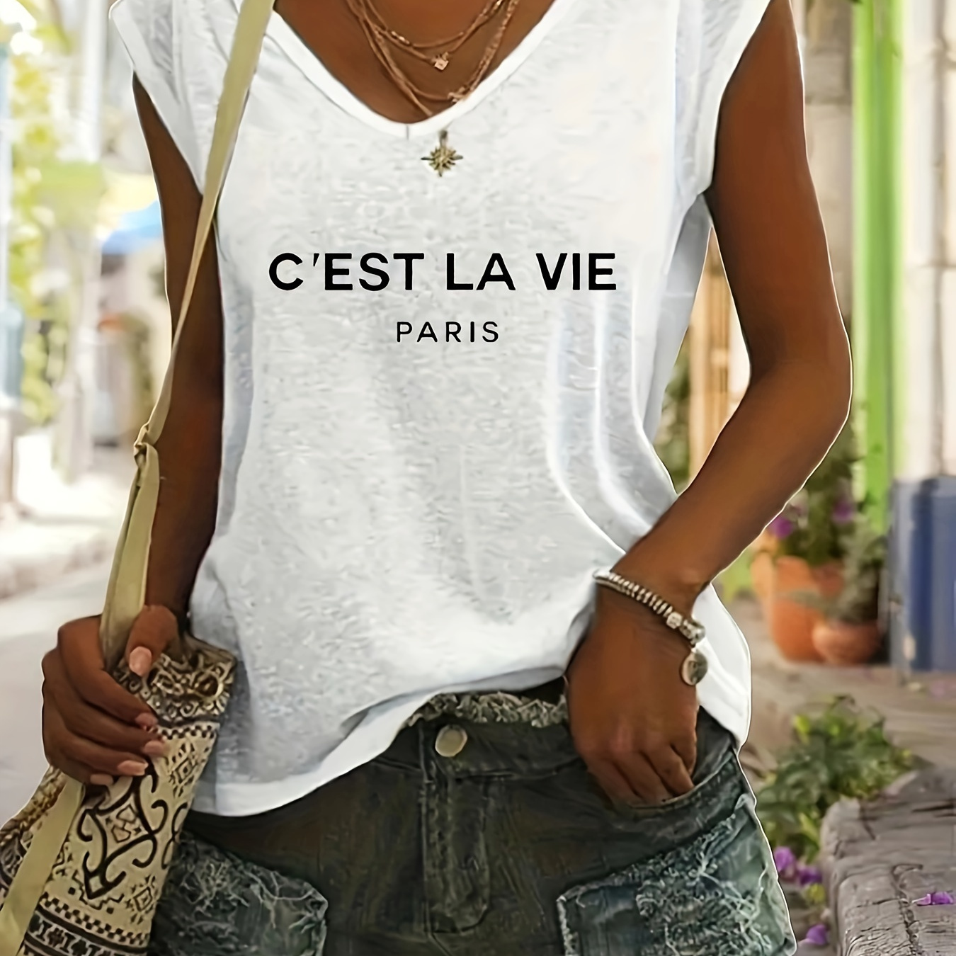 

Paris Print V Neck T-shirt, Casual Cap Sleeve T-shirt For Spring & Summer, Women's Clothing