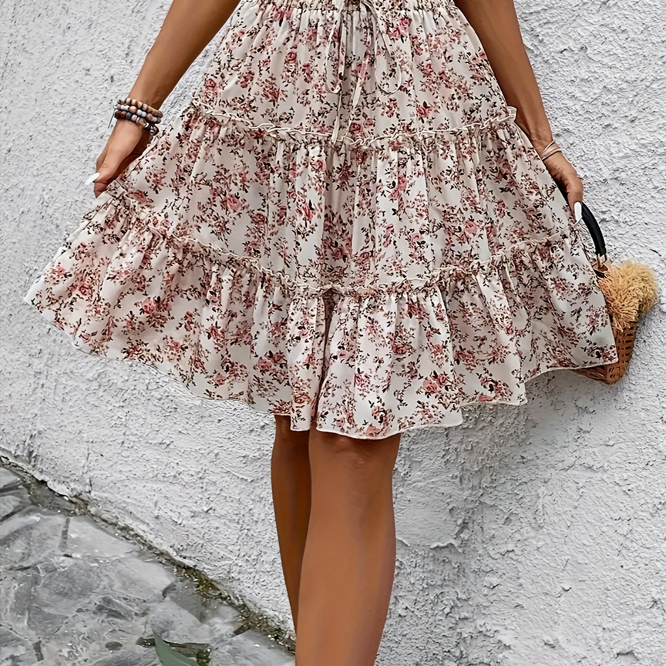 

Floral Print Drawstring Skirt, Vacation Tiered Ruffle Hem A-line Knee Length Skirt For Spring & Summer, Women's Clothing