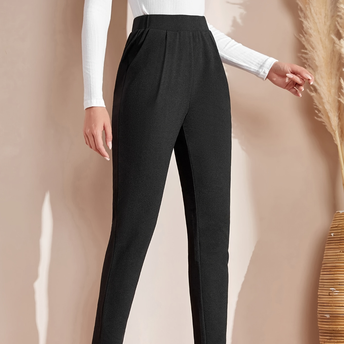 

Solid Color High Waist Pants, Versatile Slant Pockets Slim Pants For Spring & Summer, Women's Clothing