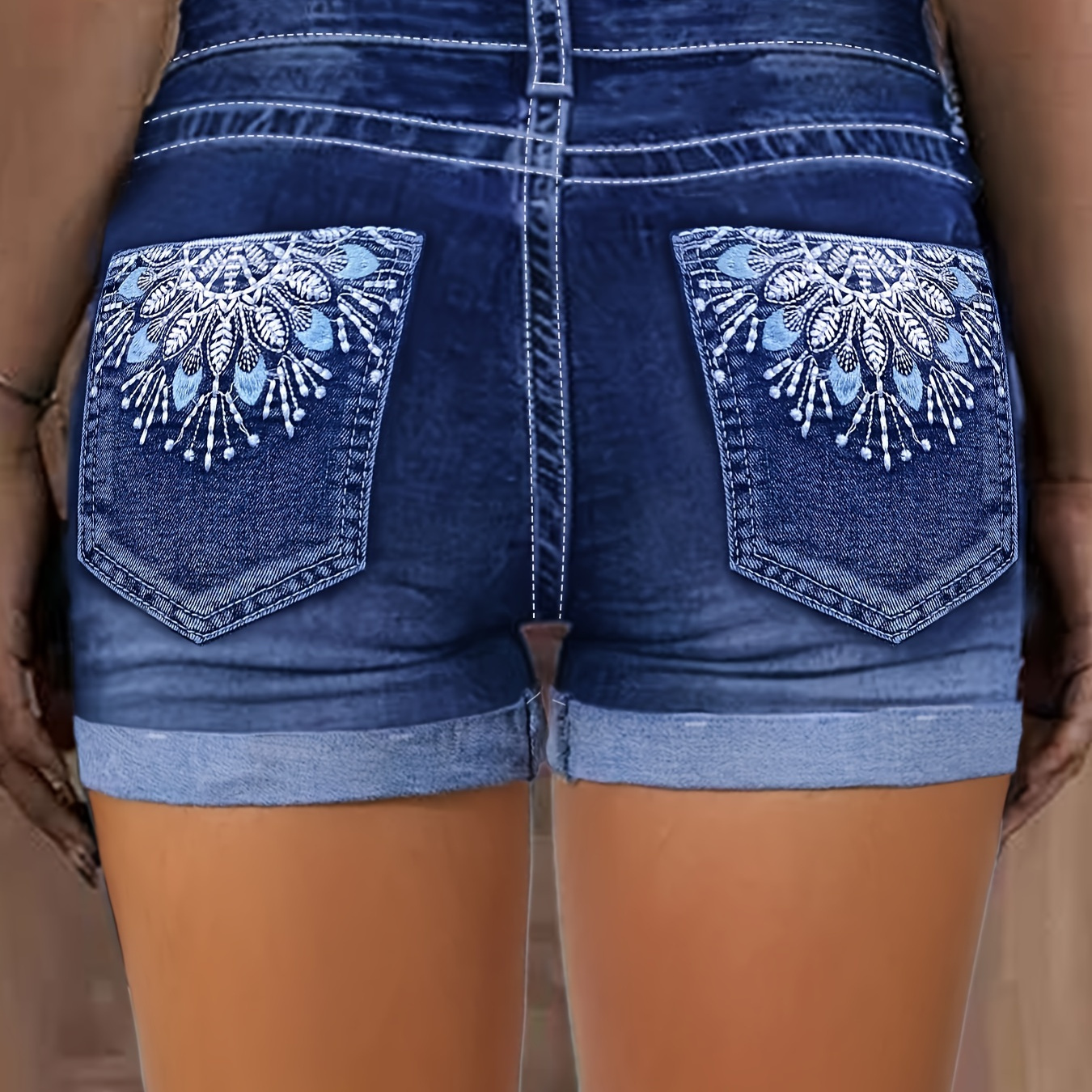 

Women's High Waist Stretchy Denim Shorts, Blue Slim Fit With Rolled Cuff And Embroidery, Summer Vintage Style Jean Shorts