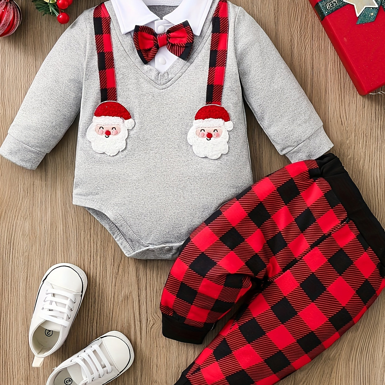 

2pcs Baby's Christmas Co-ords, Bow Decor Turndown Collar Faux Two-piece Romper & Casual Pants, Toddler & Infant Boy's Clothing Set For Fall Winter