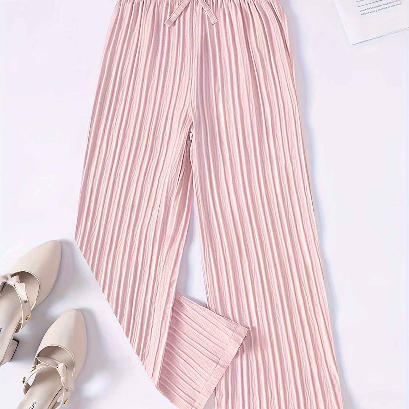 

Girls Casual & Loose Solid Colored Wide Leg Ribbed Pants For Spring & Summer Daily Wear Street Style 1pc