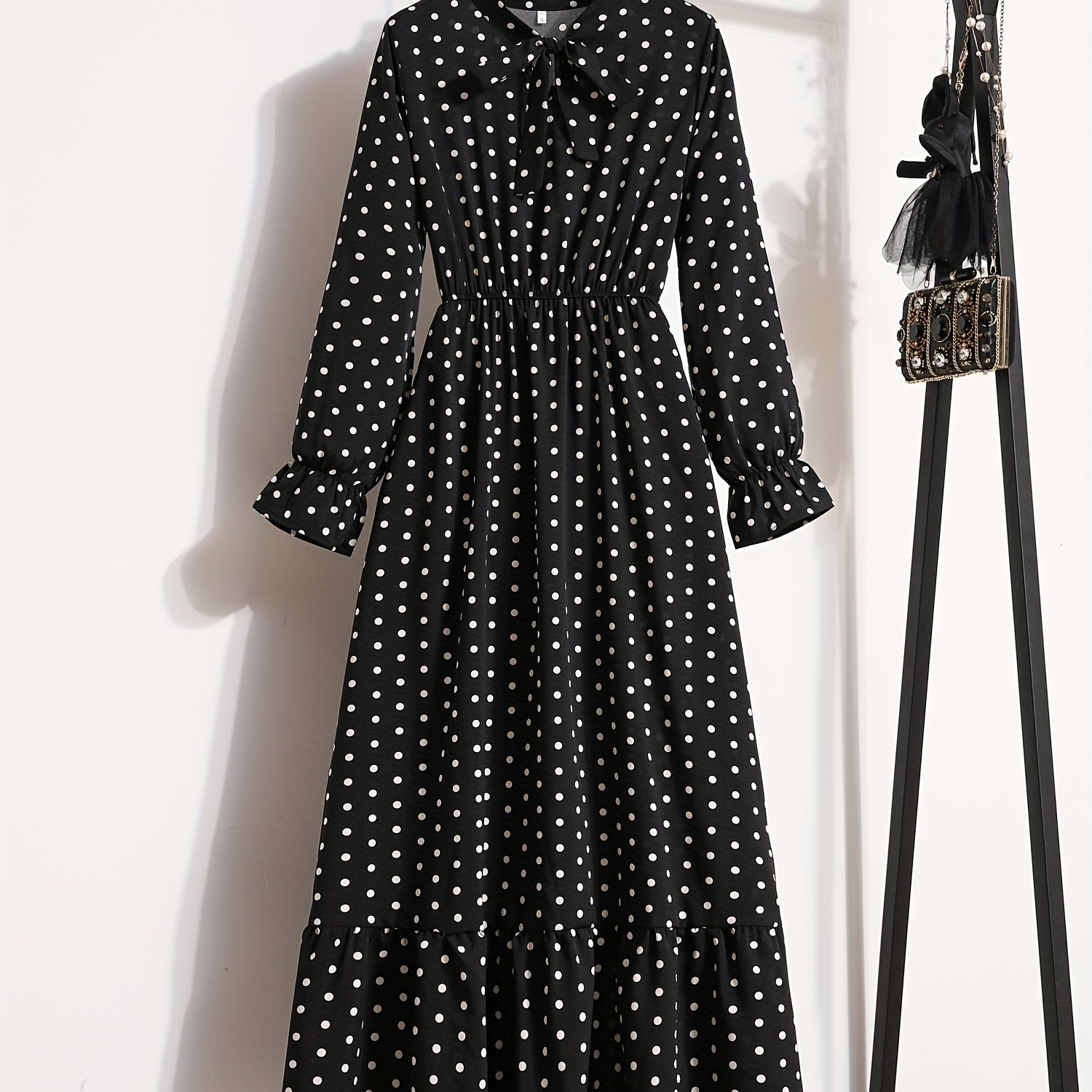 

Pin Dot Print Dress, Vintage Tie Neck Long Sleeve A Line Dress, Women's Clothing