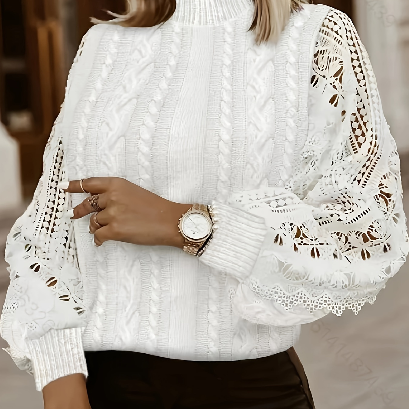 

Contrast Lace Mock Neck Cable Knit Sweater, Casual Long Sleeve Solid Pullover Sweater, Women's Clothing