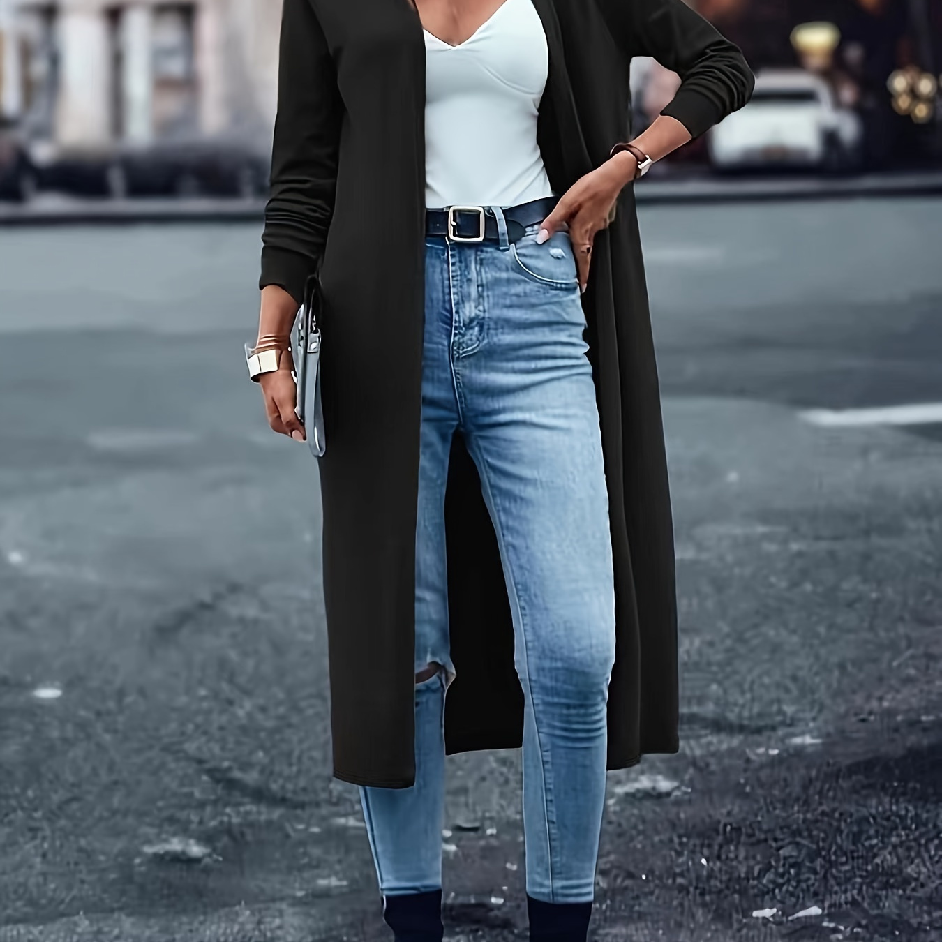 

Plus Size Casual Cardigan, Women's Plus Solid Long Sleeve Open Front Slight Stretch Longline Cardigan