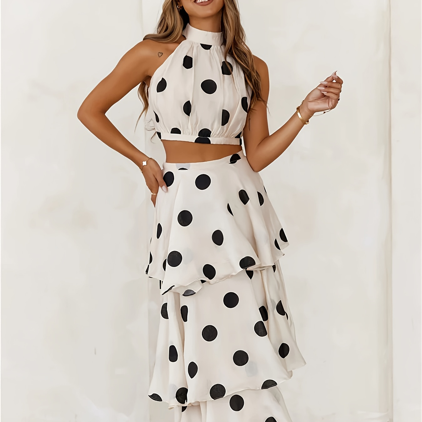 

1pc Elegant Polka Dot Off-shoulder Top And Maxi Skirt Set, Women's Polyester Woven Dress With Crew Neck, Zipper Detail, Regular Fit, Sleeveless Pullovers For All