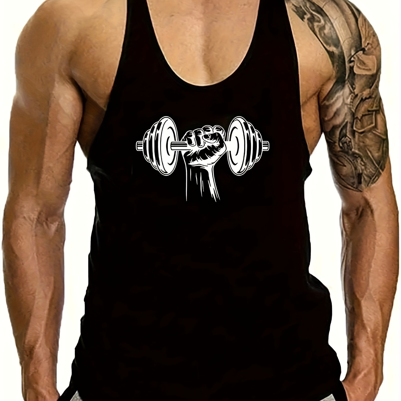 

Men's Barbell Graphic Print Tank Top, Active Crew Neck Sleeveless Top, Men's Clothing For Summer Outdoor