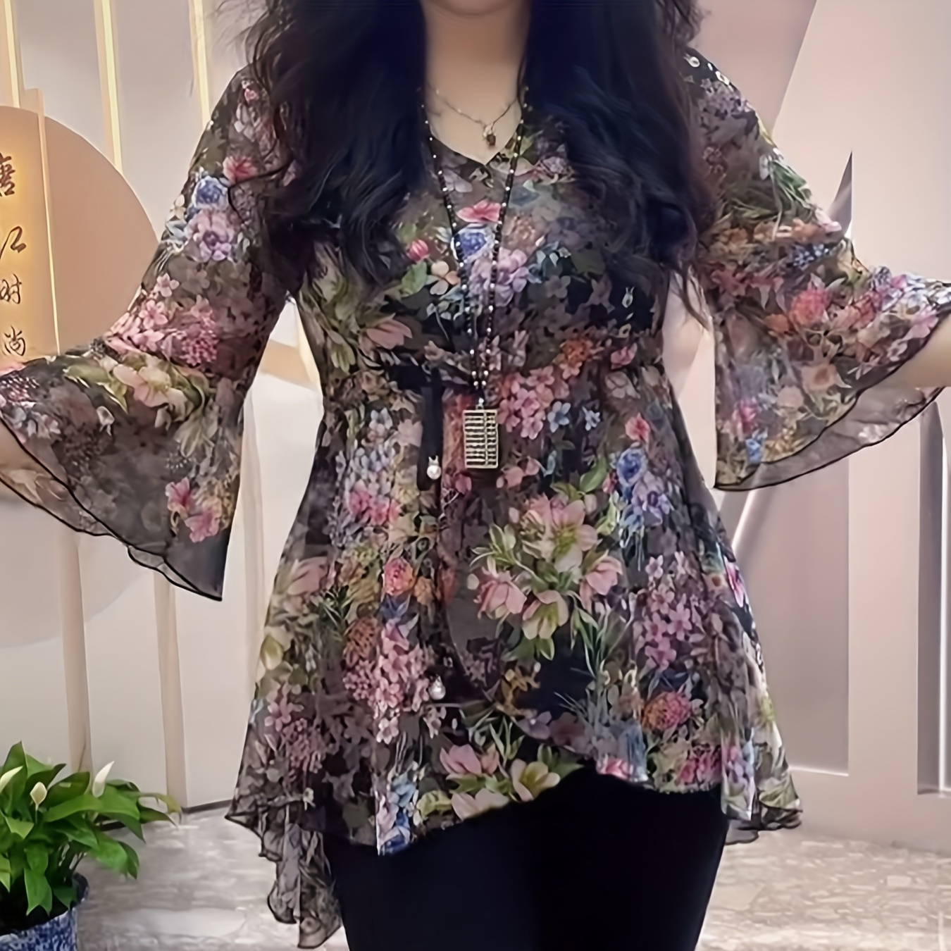 

New Floral Drawstring Waist Irregular Chiffon Blouse, Loose- Layer With Three-quarter Sleeves, Covering Up.