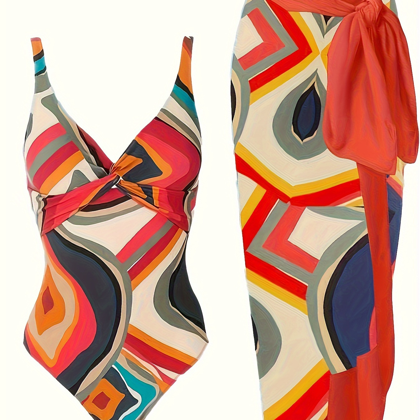 

Abstract Geometric Print 2 Piece Swimsuits, Twist Front V Neck One-piece Bathing-suit & Cover Up Skirt, Women's Swimwear & Clothing