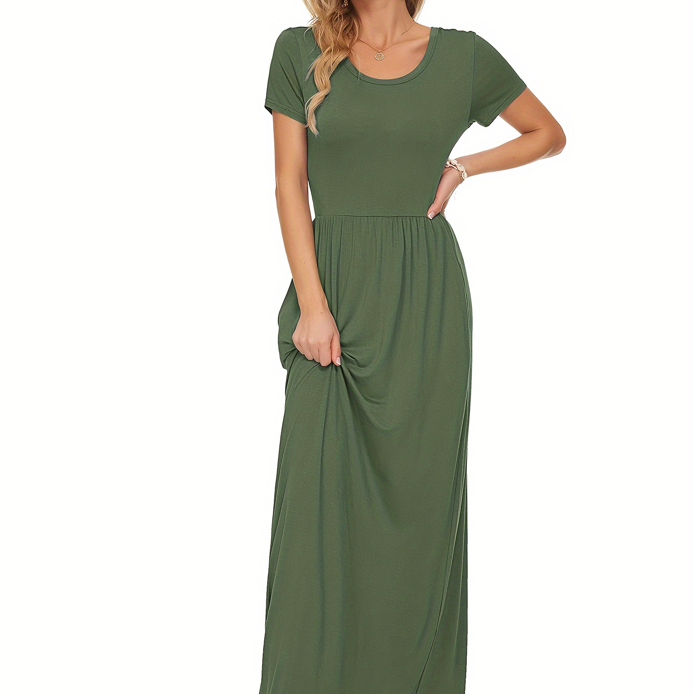 

Solid Color Crew Neck Maxi Dress, Casual Short Sleeve Loose Dress With Pocket, Women's Clothing