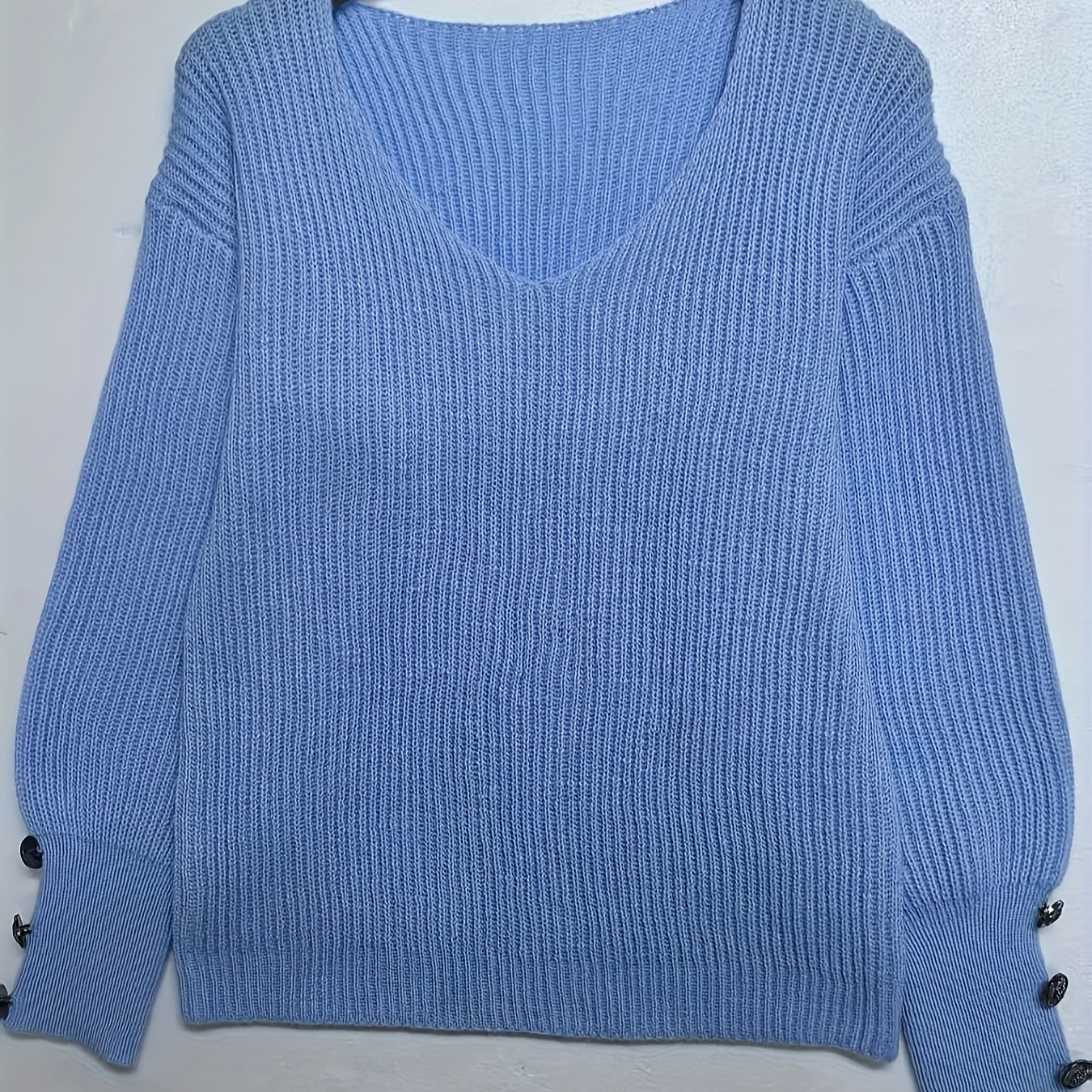 

Women's Casual Light Blue V-neck Sweater - Chic Button Detail, Ribbed Knit Pullover With Long Sleeves, Fall/winter, Ladies Sweaters