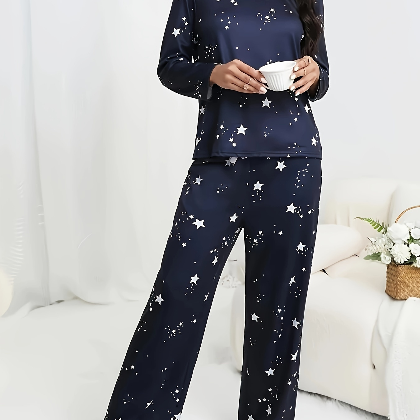 

Ensemble de pyjama pour femme à imprimé - Haut décontracté à col rond à manches longues et pantalon à taille élastique, vêtements de nuit confortables en polyester-élasthanne pour /hiver