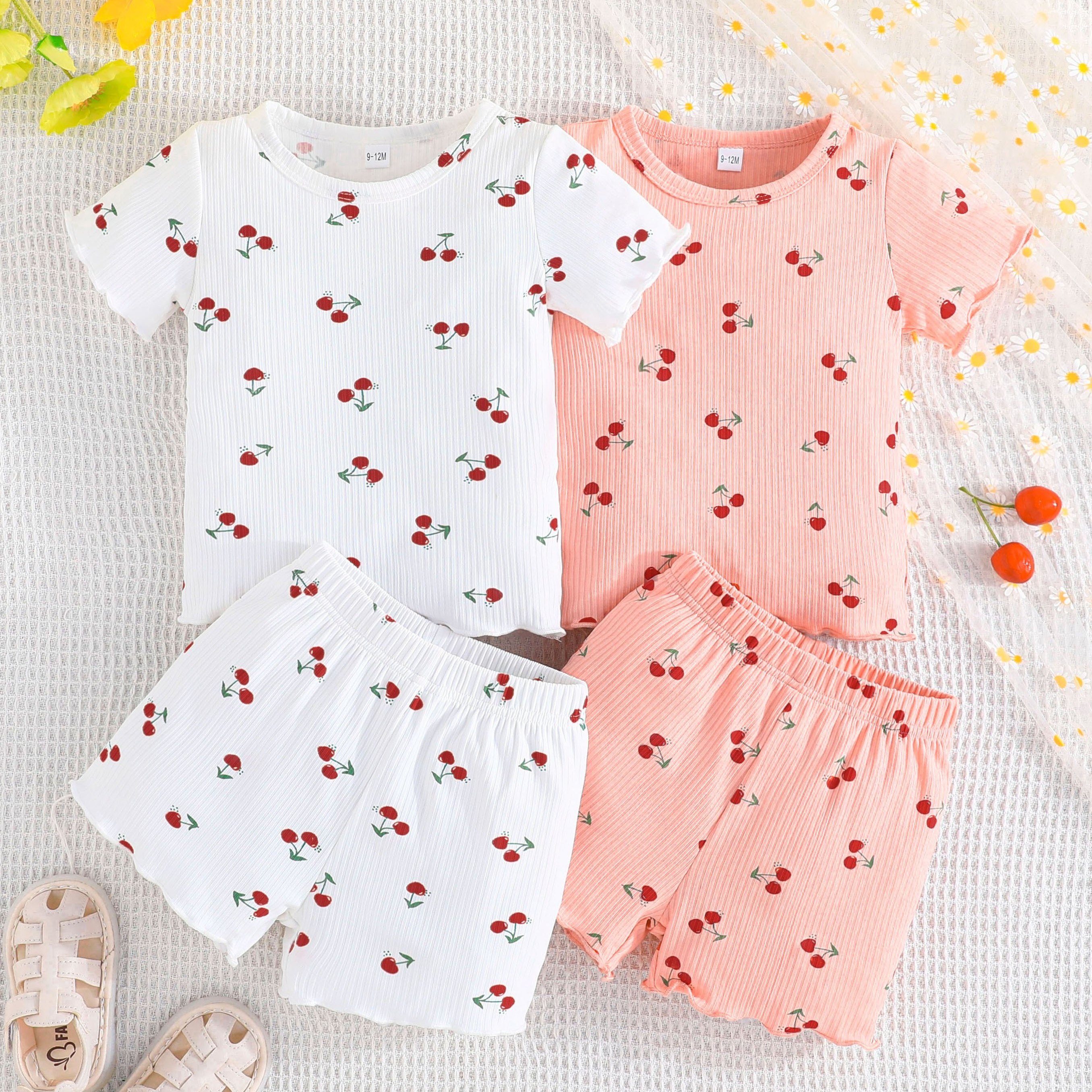 

2 Sets Baby's Cherry Full Print Casual Summer Outfit, Ribbed T-shirt & Shorts Set, Toddler & Infant Girl's Clothes For Daily/holiday/party