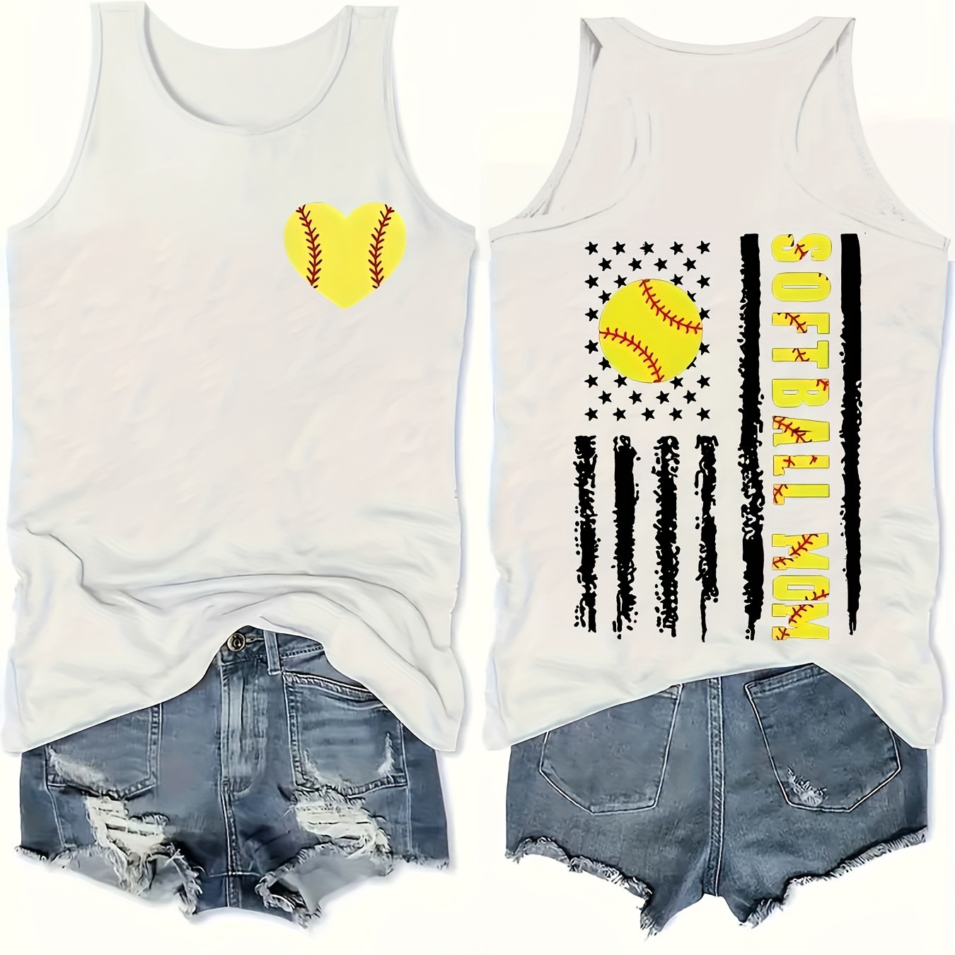 

Softball Print Tank Top, Sleeveless Casual Top For Summer & Spring, Women's Clothing