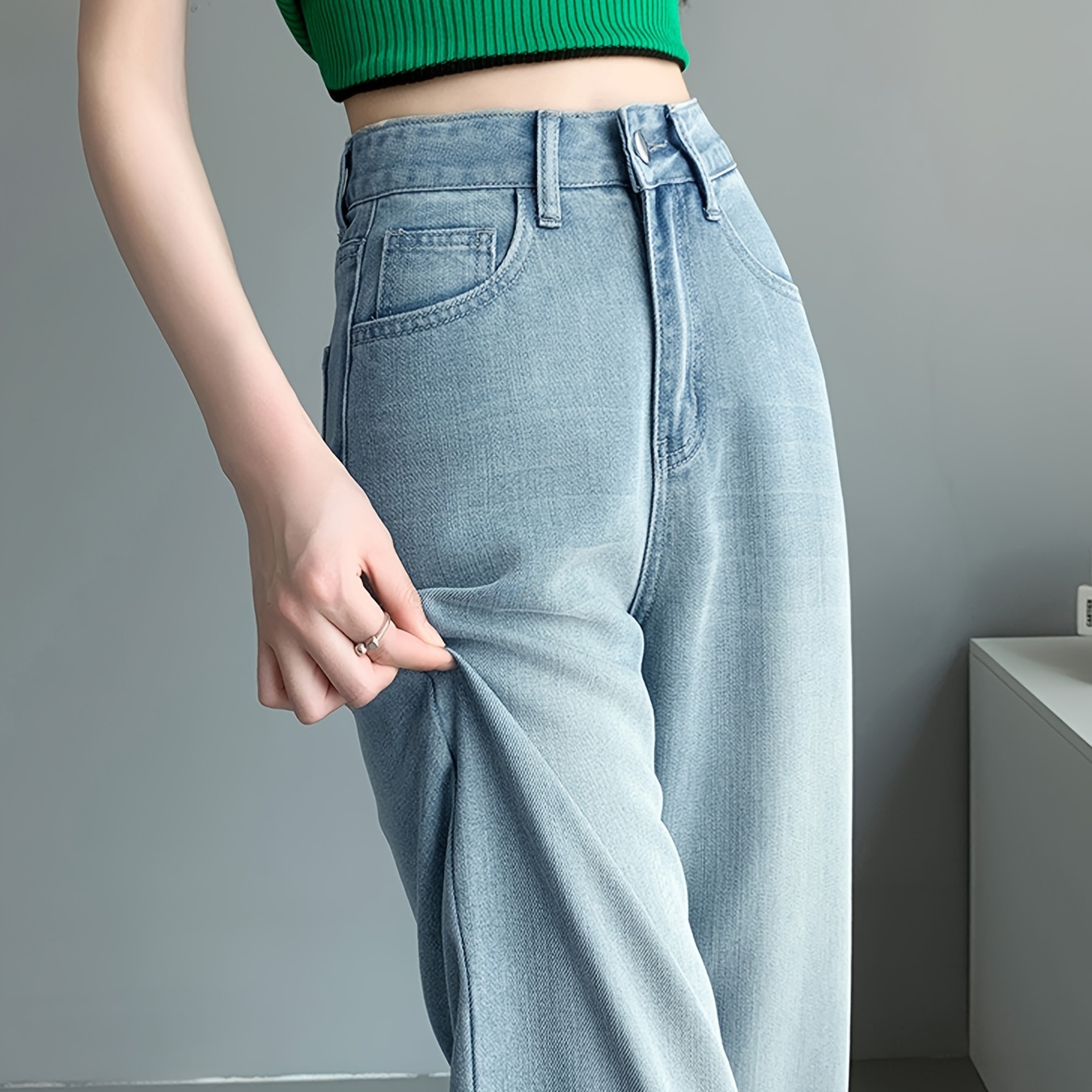 

Green Letter Detail Back Patch Pocket Loose Fit High Rise Comfy Summer Jeans Denim Pants, Women's Denim Jeans & Clothing