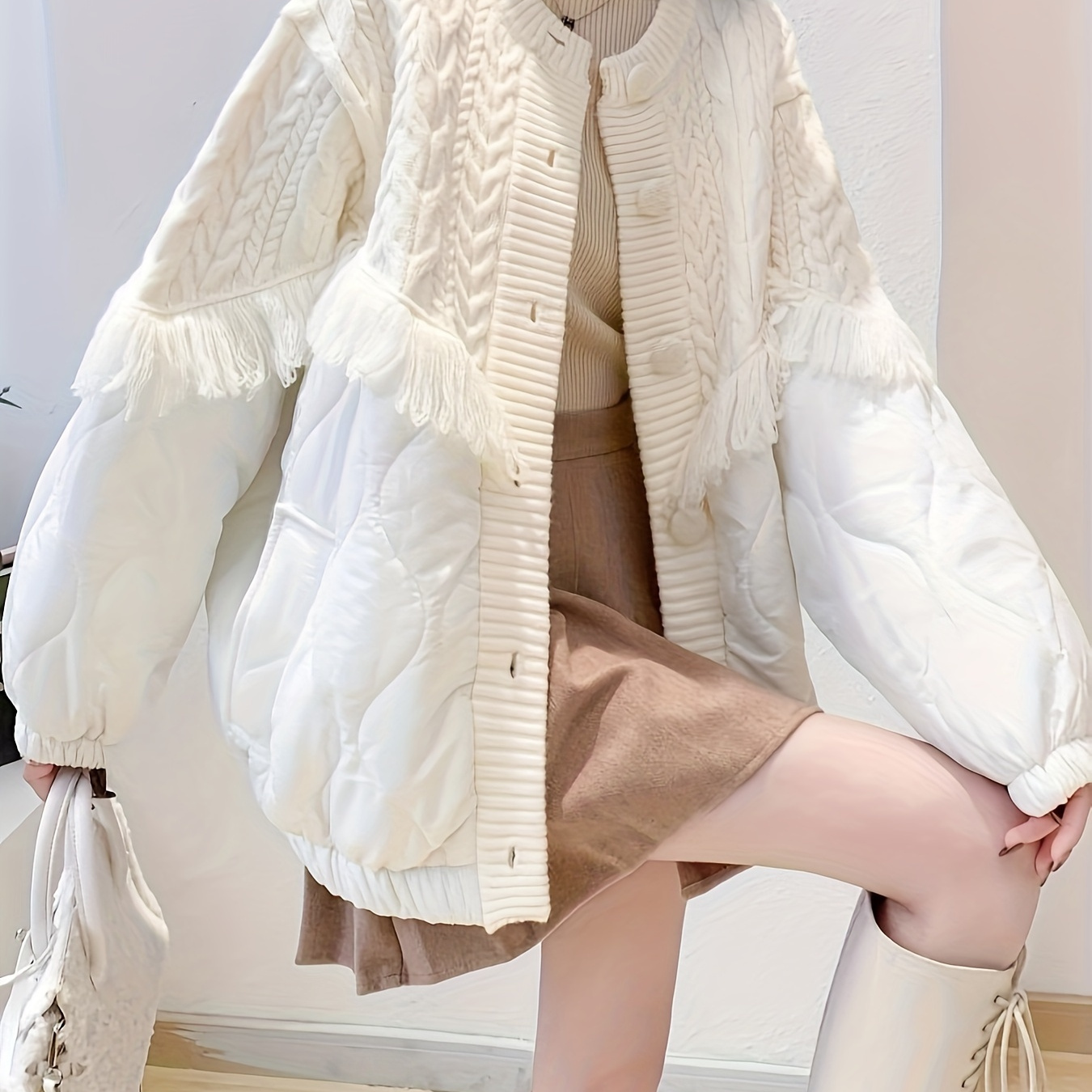 

Fringe Trim Button Front Cardigan, Casual Long Sleeve Cardigan For Fall & Winter, Women's Clothing