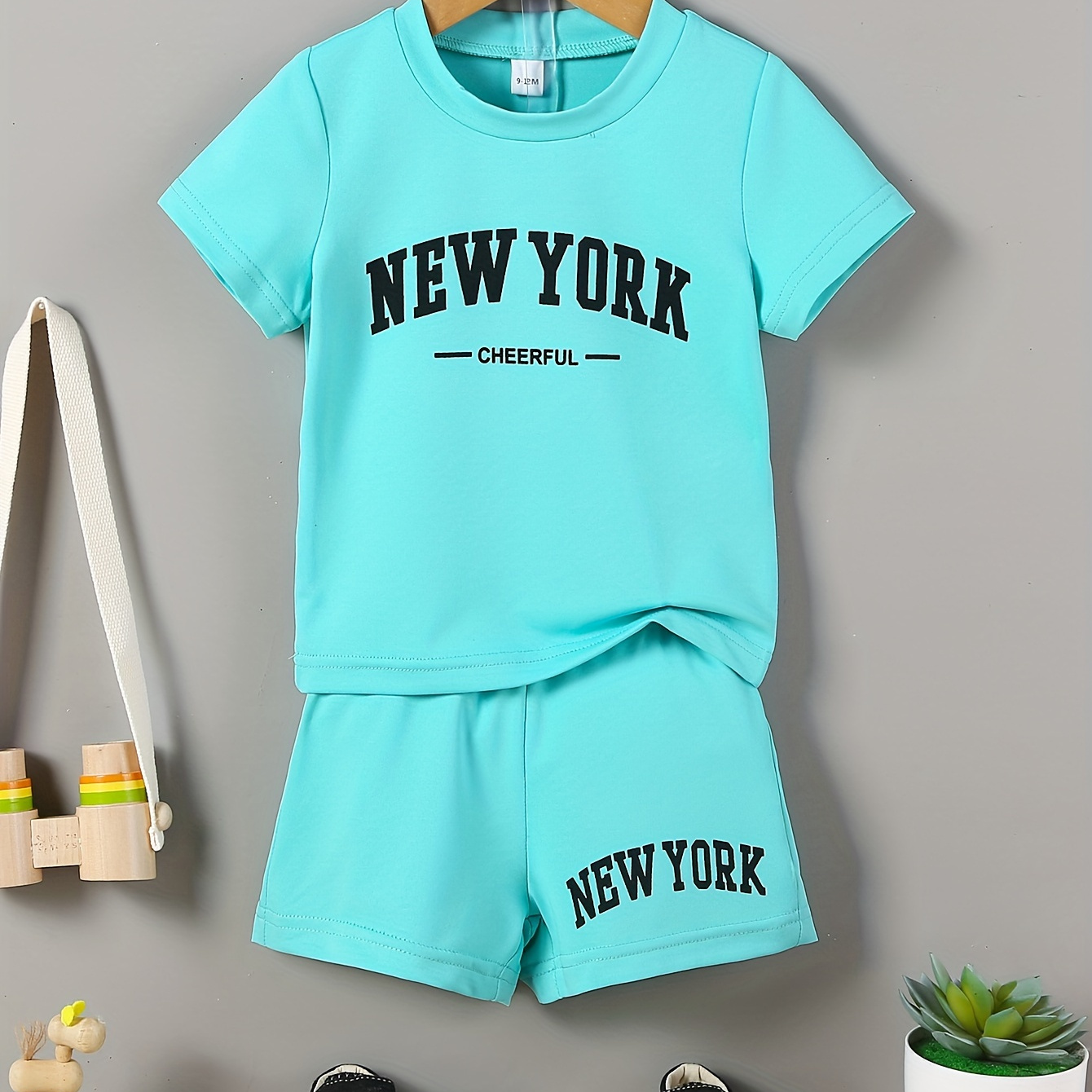 

Baby Boys 2-piece Set, Casual Style Letter Print T-shirt And Shorts, Turquoise, Fashionable Summer Outfit