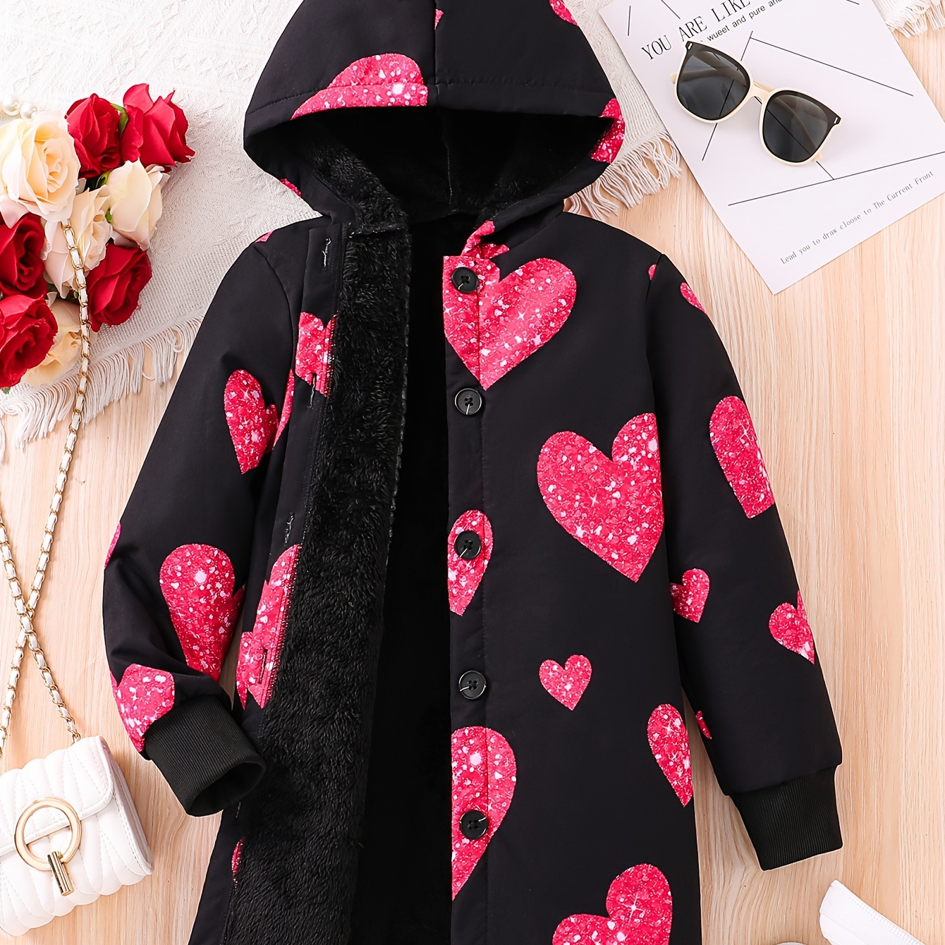 

Tween Girls Warm & Casual Allover Hearts Print Long Sleeve Hooded Fleece Coat For Fall & Winter