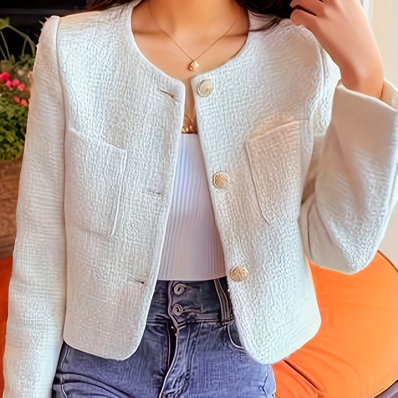 

Veste Courte - , Boutonnée Poches, Longues, Tissu Non Extensible
