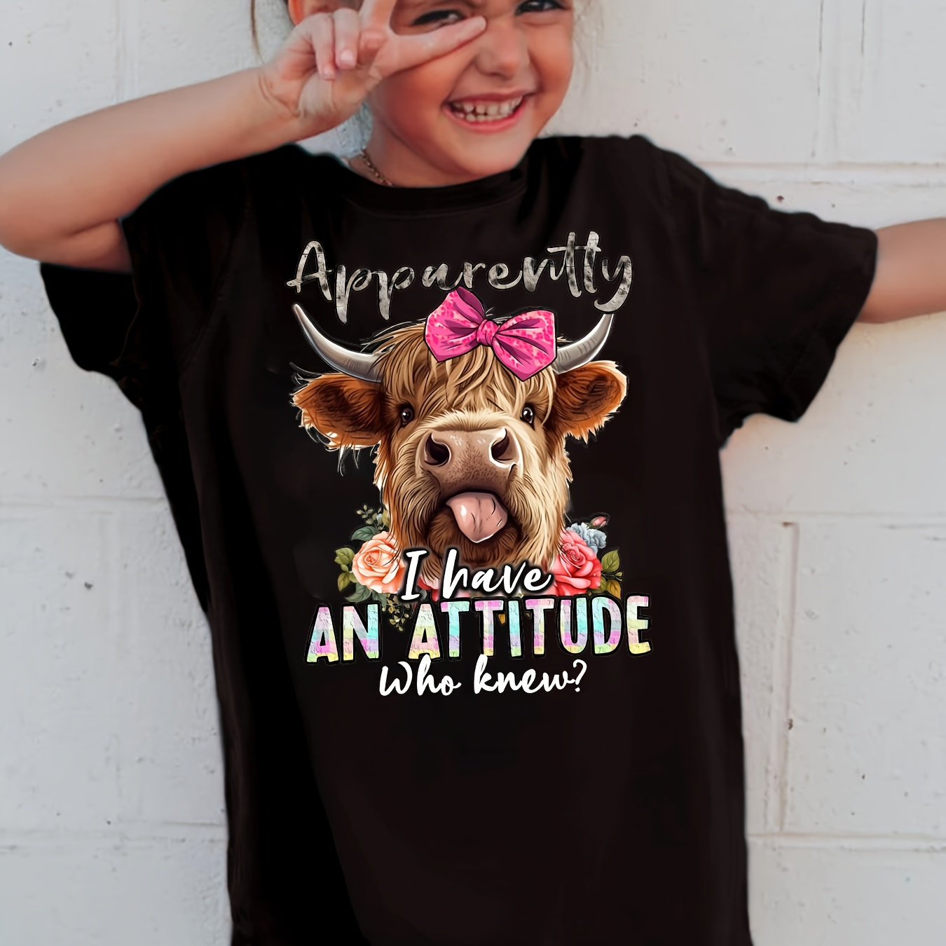 

Girls' Summer Fashion T-shirt With Cow & Letter Print, Cute Short Sleeve Casual Top For Kids